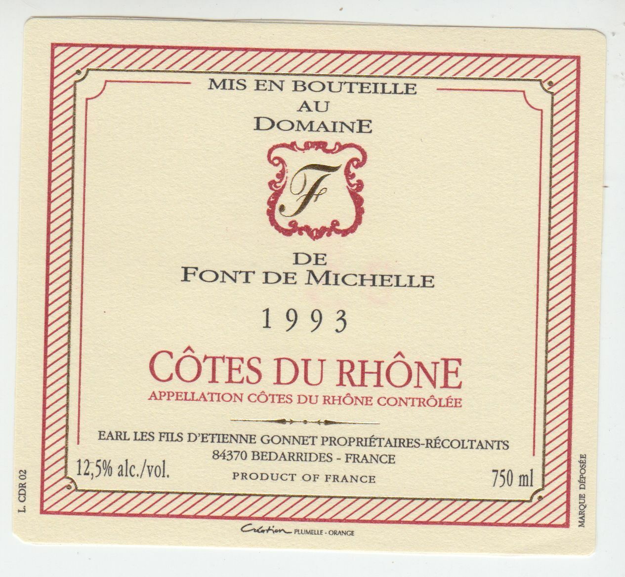 ETIQUETTE DE VIN COTES DU RHONE 1993 DOMAINE DE FONT DE MICHELLE BEDARRIDES 124461940528