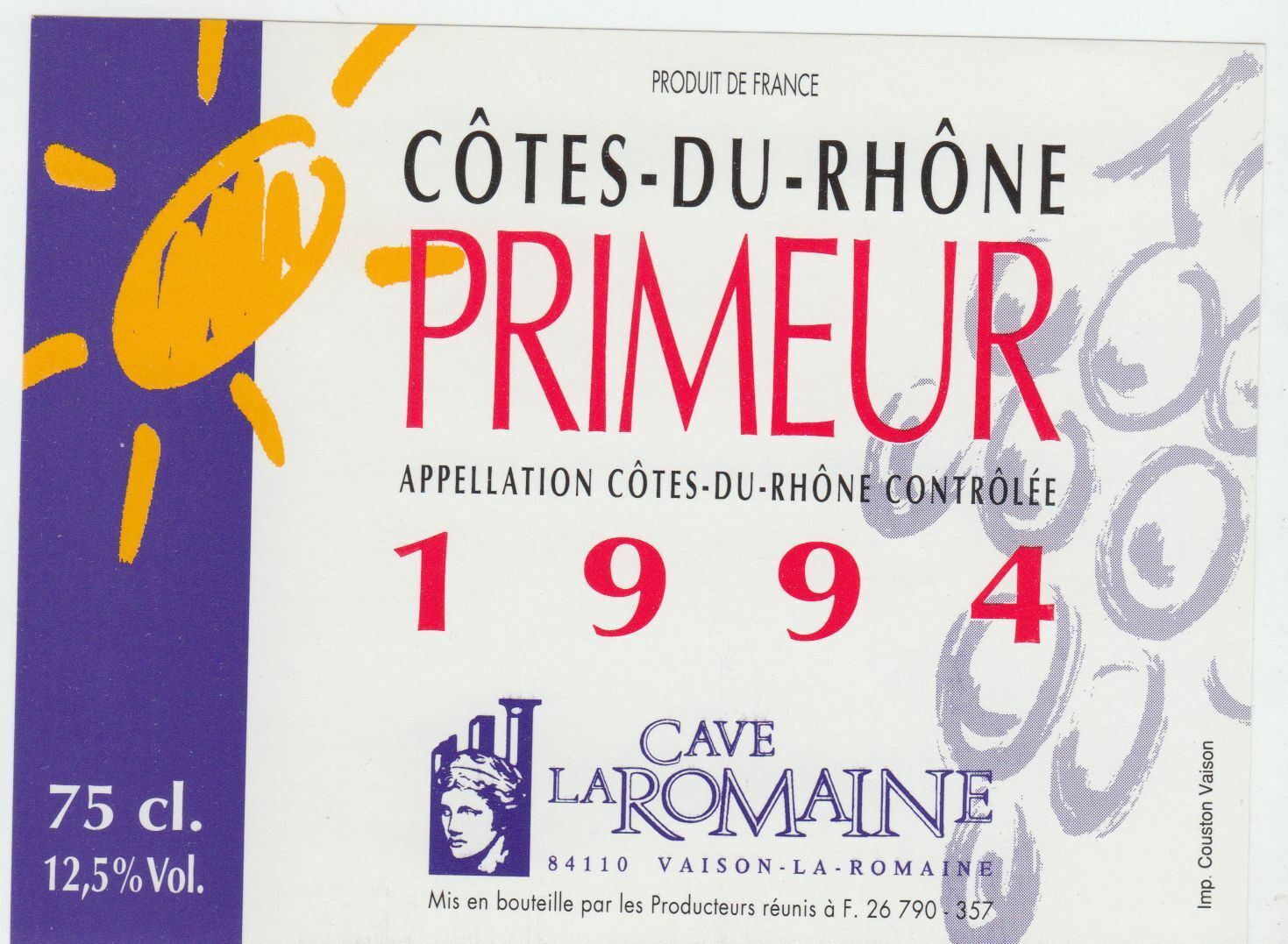 ETIQUETTE DE VIN COTES DU RHONE PRIMEUR 1994 CAVE DE LA ROMAINE 402581823748