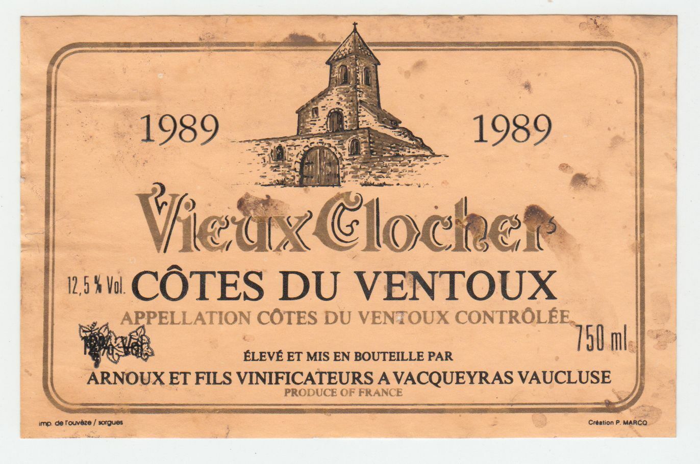 ETIQUETTE DE VIN COTES DU VENTOUX 1989 VIEUX CLOCHER 402581826118