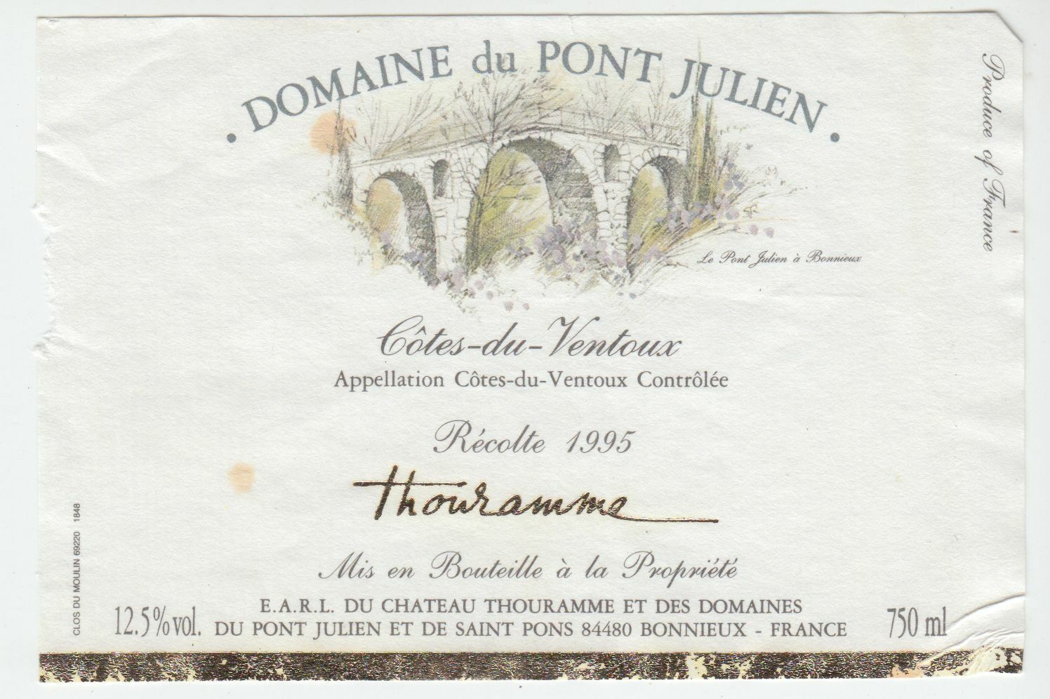 ETIQUETTE DE VIN COTES DU VENTOUX 1995 DOMAINE DU PONT JULIEN 402581826128