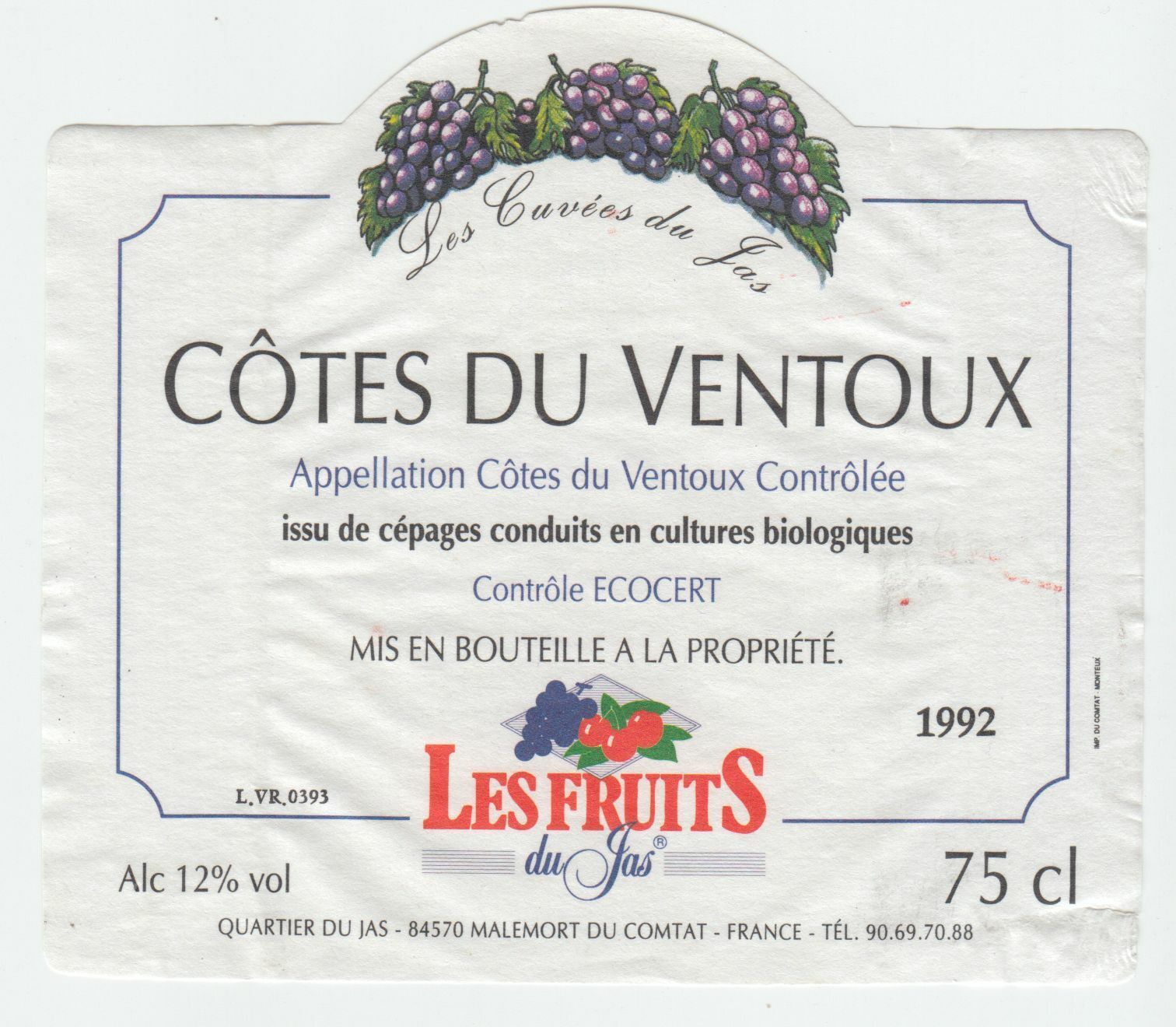 ETIQUETTE DE VIN COTES DU VENTOUX LES CUVEES DU JAS CONTROLE ECOCERT 402581826108