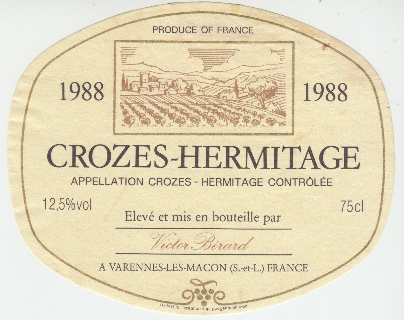 ETIQUETTE DE VIN CROZES HERMITAGE 1988 VICTOR BERARD 124461948548