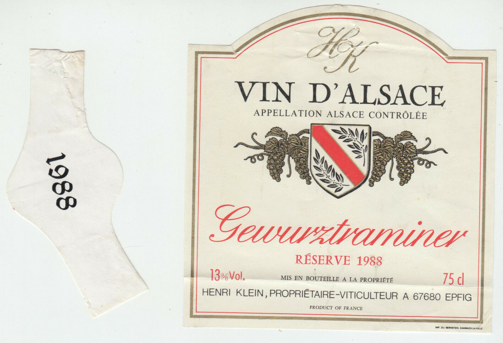 ETIQUETTE DE VIN D ALSACE GEWURZTRAMINER 1988 HENRI KLEIN 124511869318