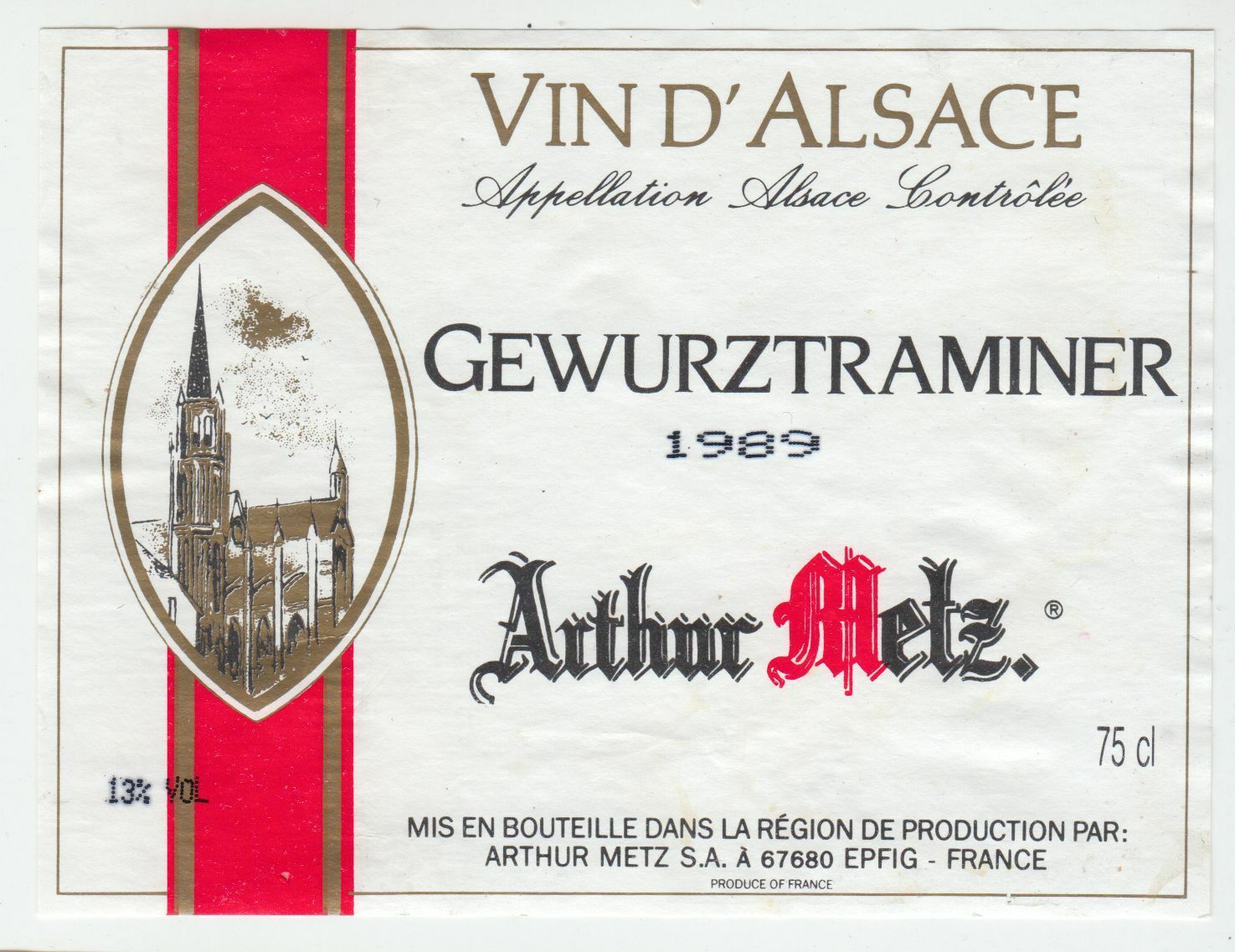 ETIQUETTE DE VIN D ALSACE GEWURZTRAMINER 1989 ARTHUR METZ 402631696678