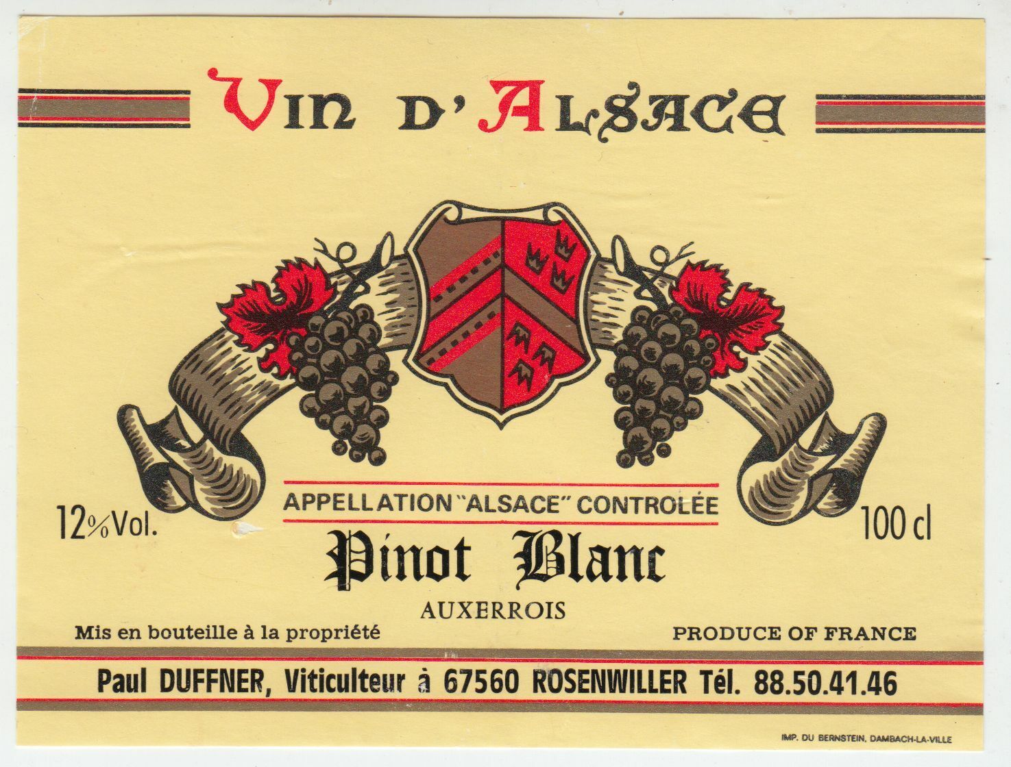 ETIQUETTE DE VIN D ALSACE PINOT BLANC PAUL DUFFNER 124511869358