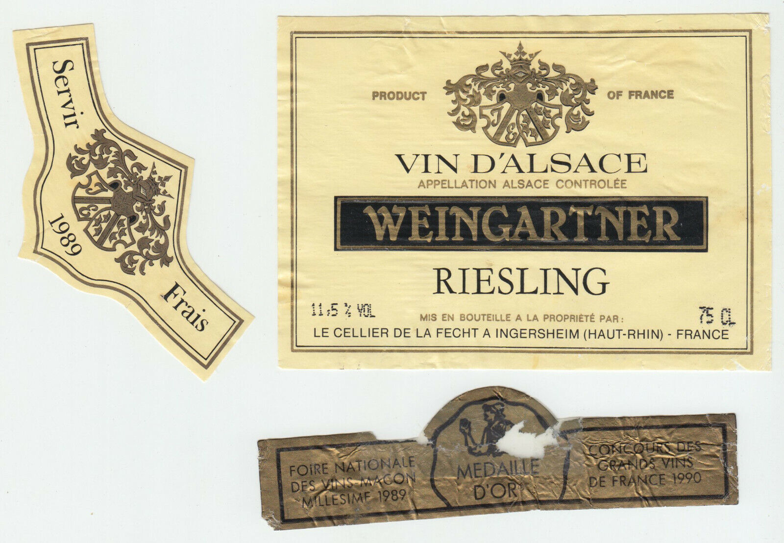 ETIQUETTE DE VIN D ALSACE RIESLING 1989 WEINGARTNER MEDAILLE D OR 402631696638