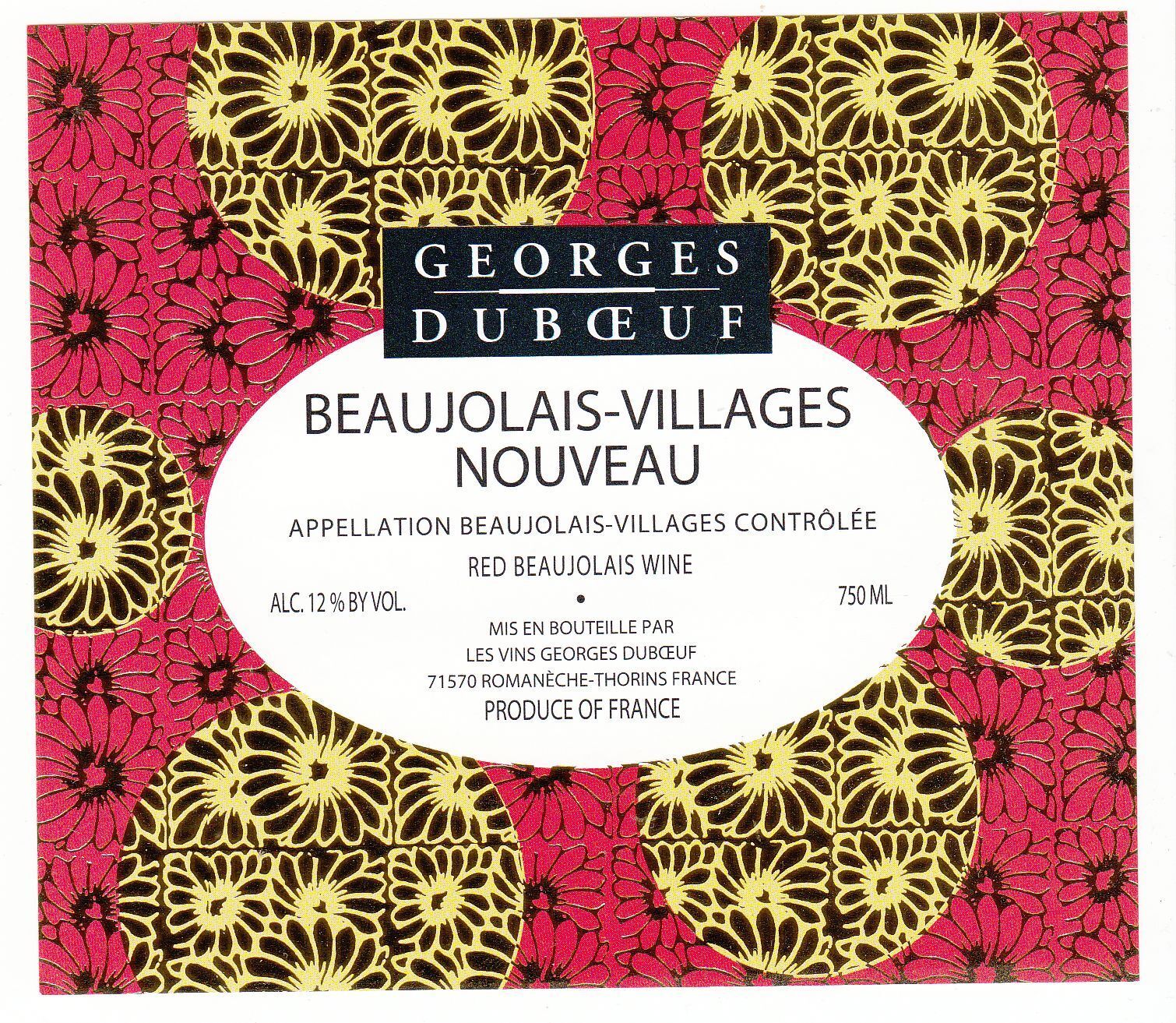 ETIQUETTE DE VIN DE FRANCE BEAUJOLAIS VILLAGES NOUVEAU GEORGES DUBOEUF 401022260908