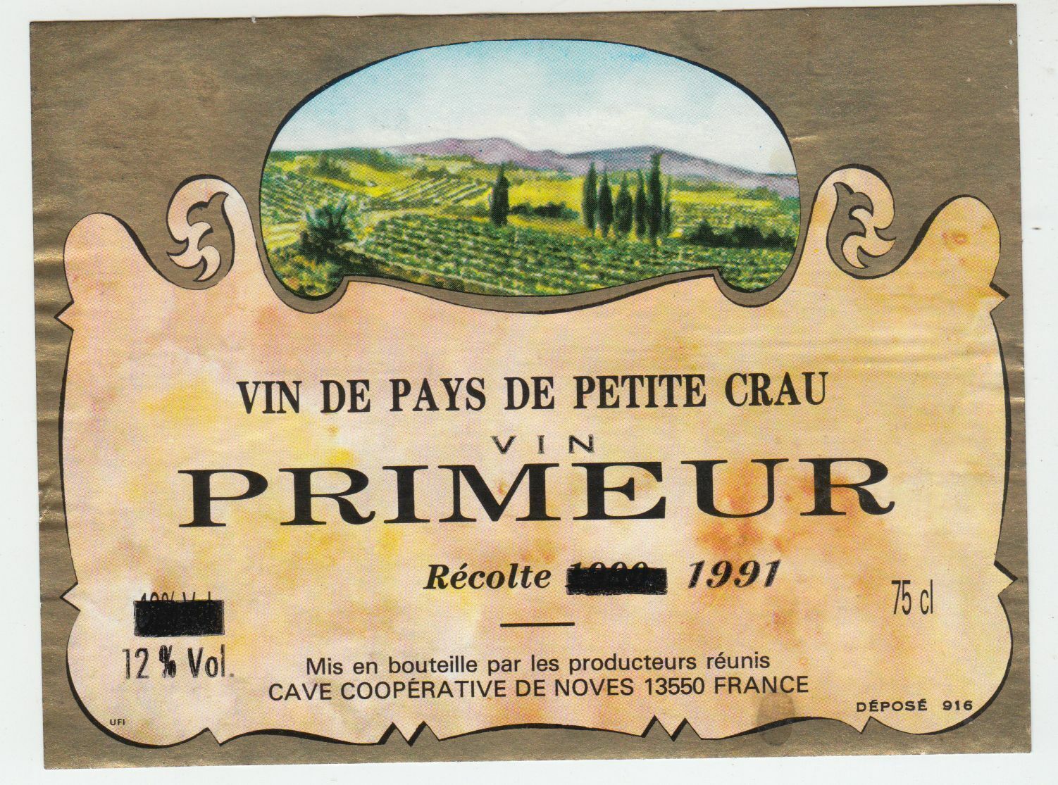 ETIQUETTE DE VIN DE PAYS DE PETITE CRAU PRIMEUR 1991 COOPERATIVES DE NOVES 124570864128