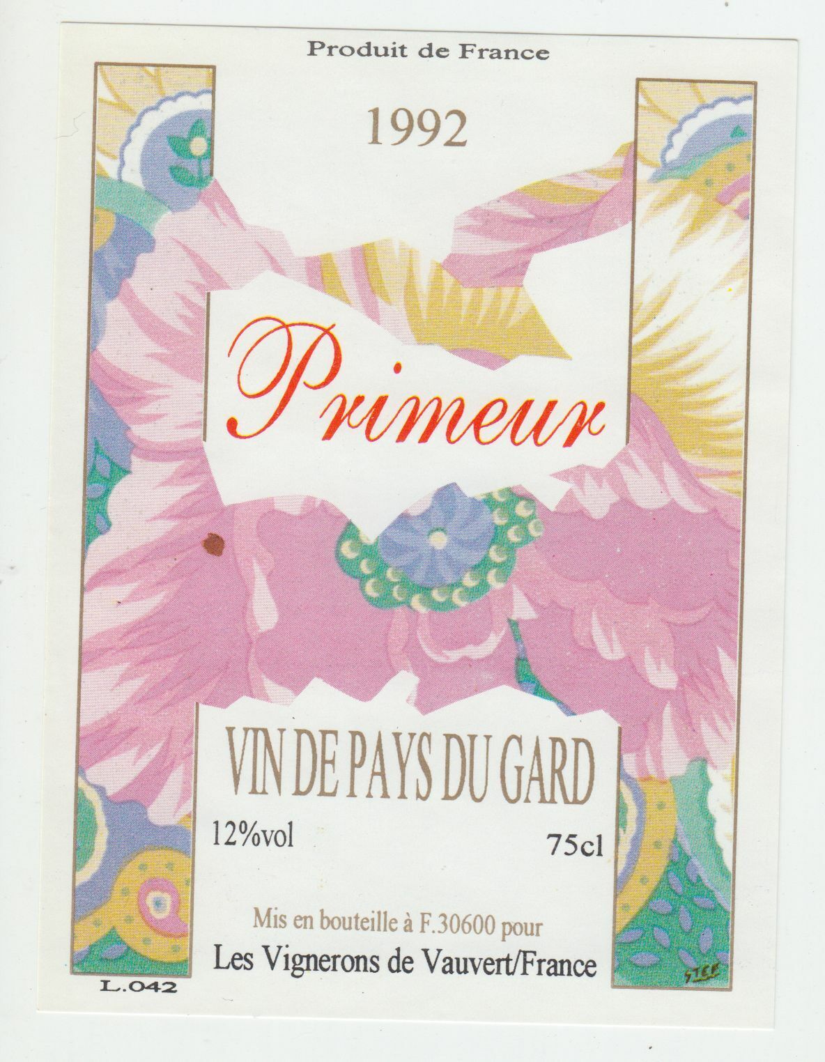 ETIQUETTE DE VIN DE PAYS DU GARD 1992 PRIMEUR VAUVERT 402689167308