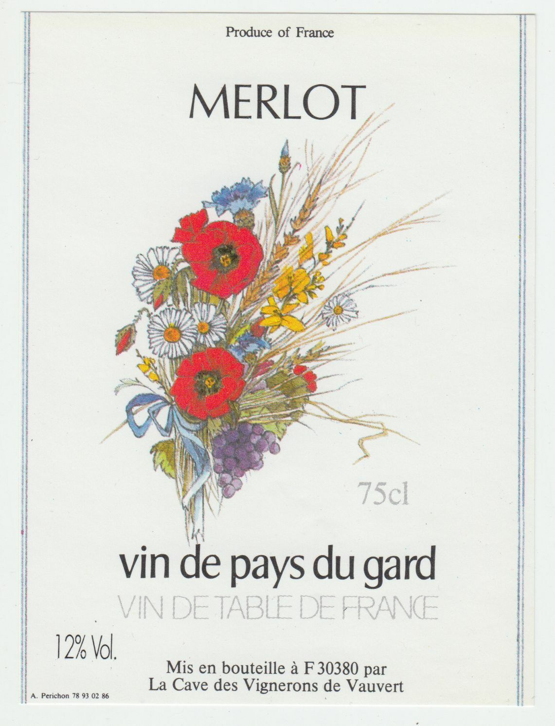 ETIQUETTE DE VIN DE PAYS DU GARD MERLOT VAUVERT 124570864088