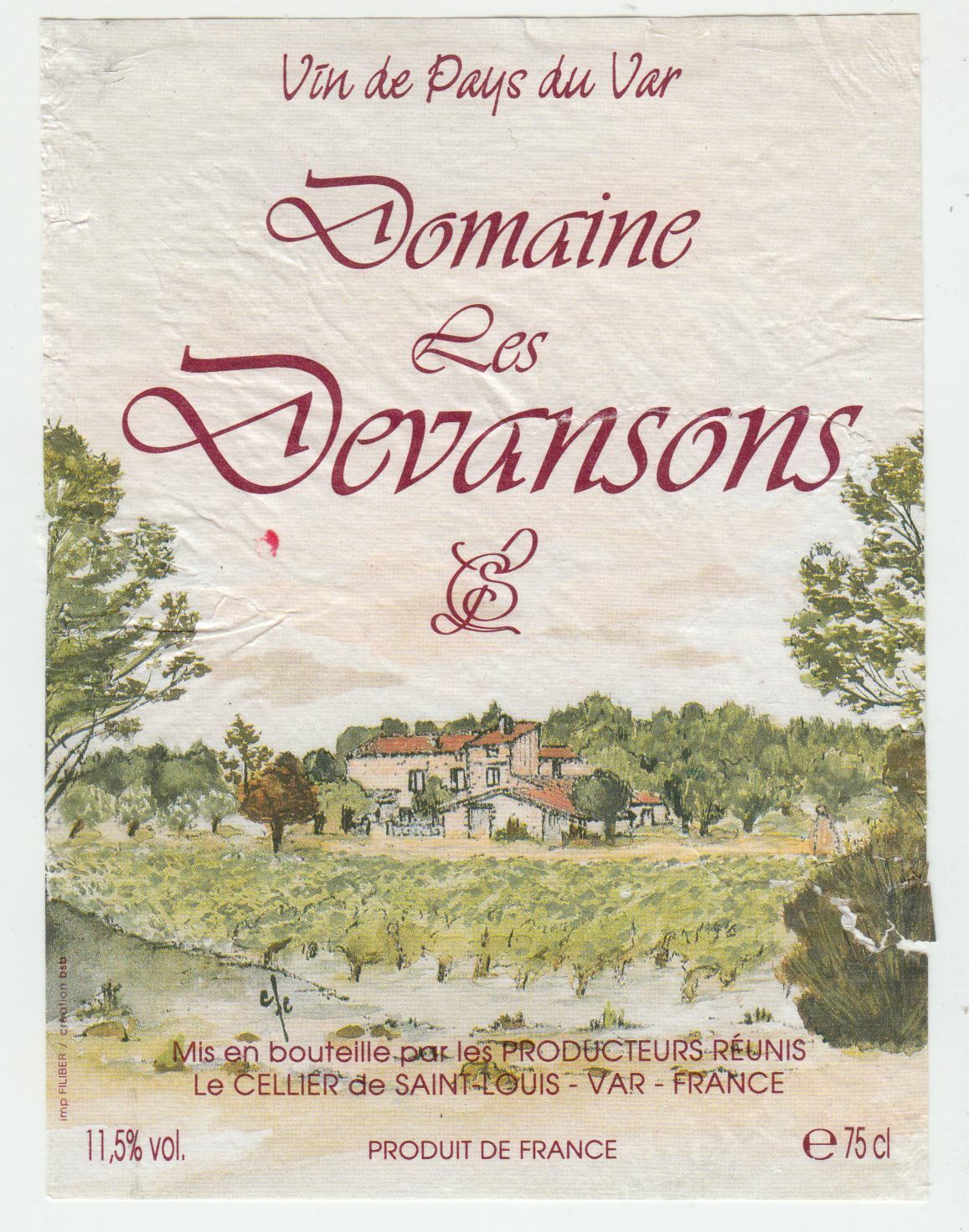 ETIQUETTE DE VIN DE PAYS DU VAR DOMAINE LES DEVANSONS CELLIER DE SAINT LOUIS 402687606128