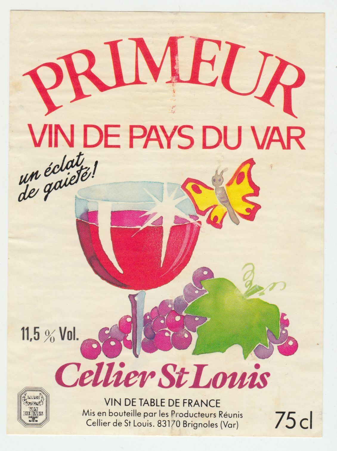 ETIQUETTE DE VIN DE PAYS DU VAR PRIMEUR CELLIER ST LOUIS 402687606198