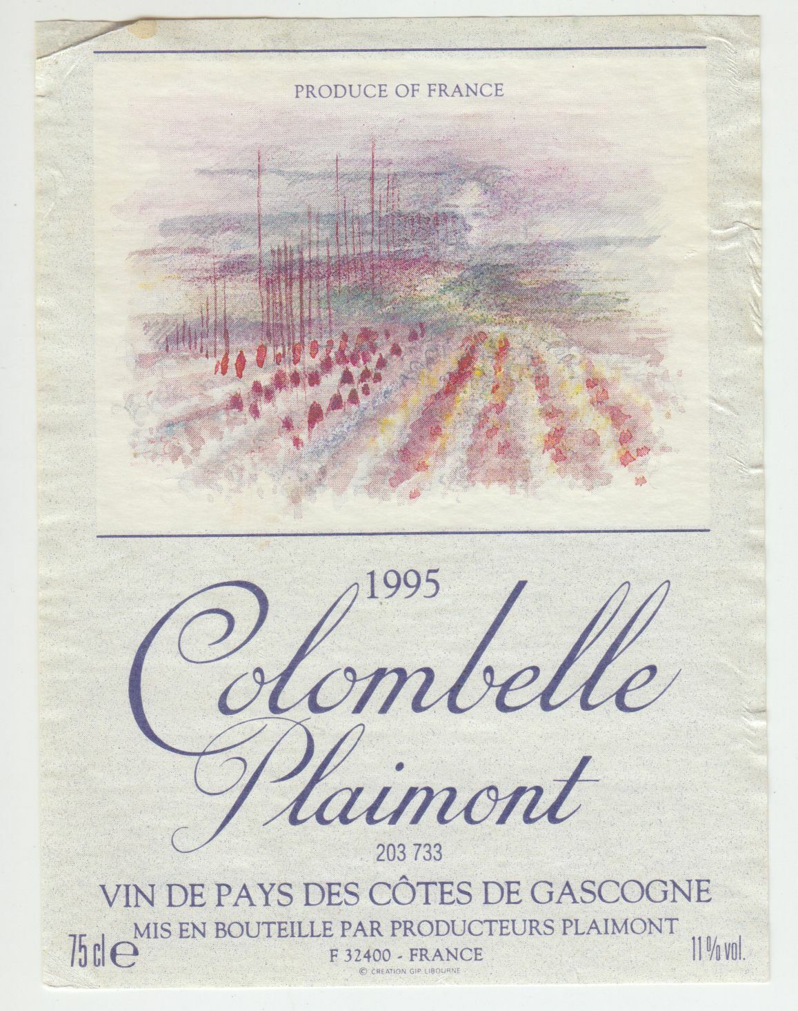 ETIQUETTE DE VIN DU PAYS DES COTES DE GASCOGNE 1995 COLOMBELLE PLAIMONT 402695572978