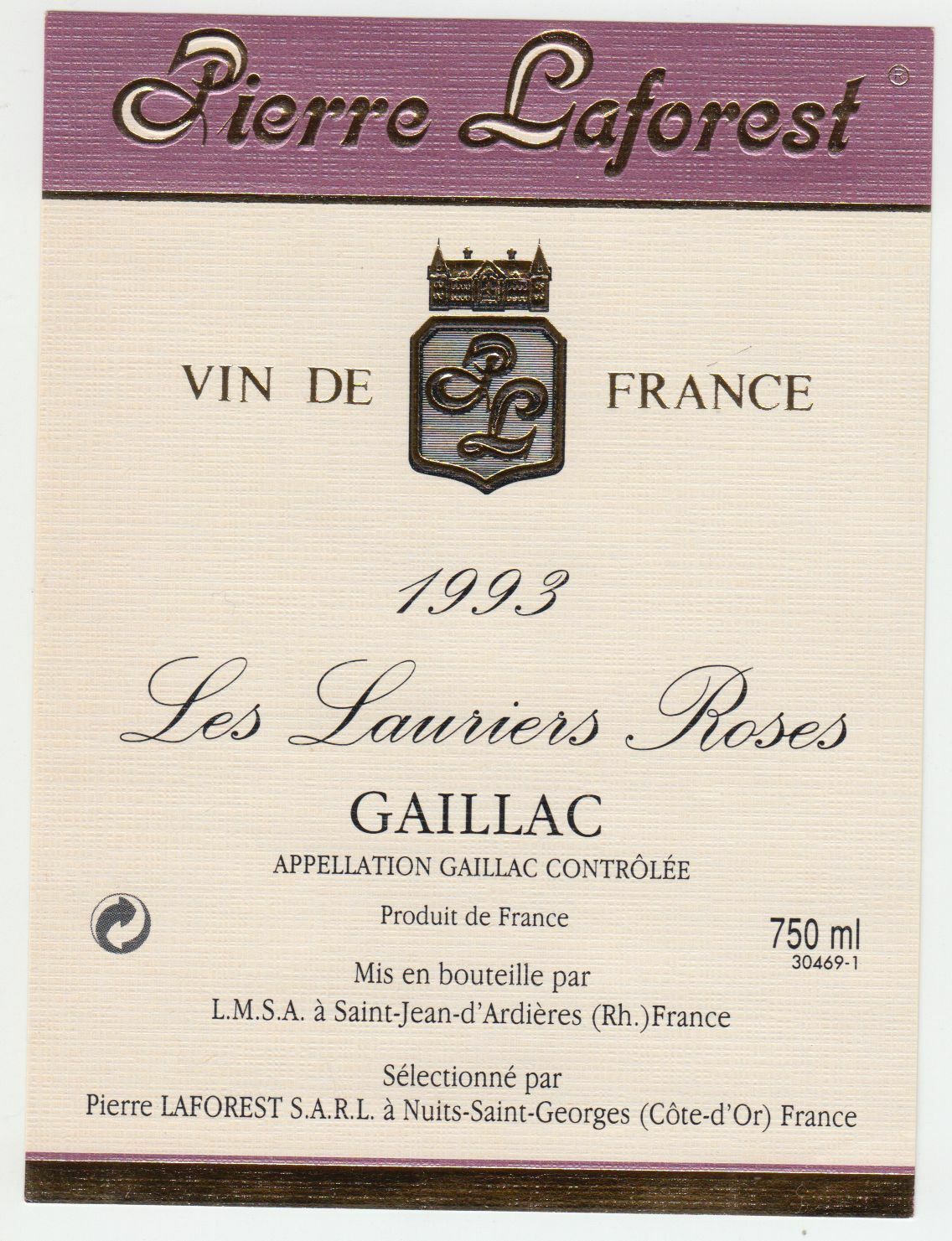 ETIQUETTE DE VIN GAILLAC 1993 LES LAURIERS ROSES 124552112058