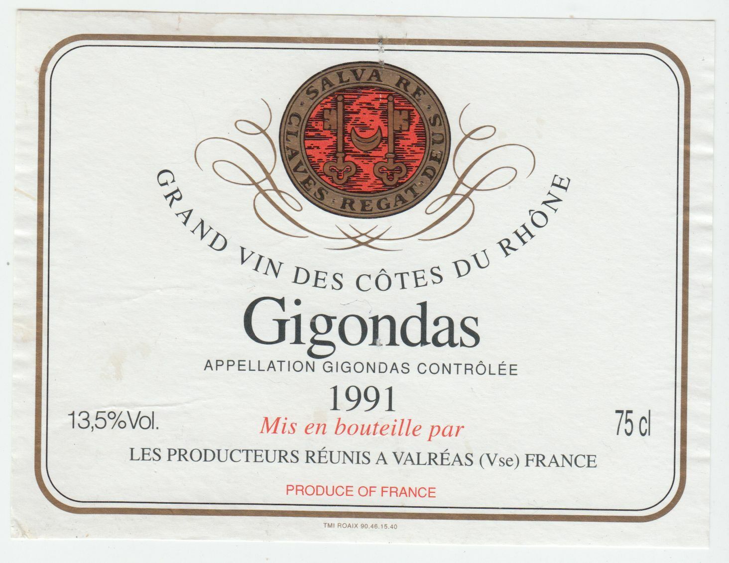 ETIQUETTE DE VIN GIGONDAS 1991 GRAND VIN DES COTES DU RHONE 124461947818