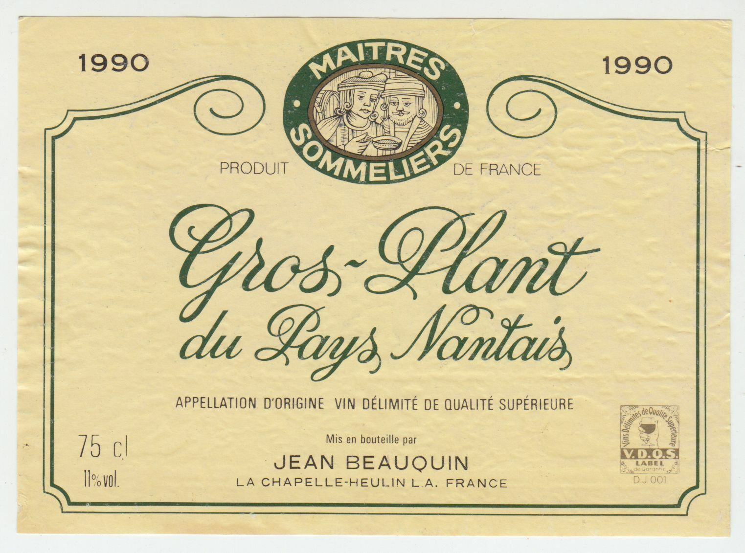 ETIQUETTE DE VIN GROS PLANT DU PAYS NANTAIS 1990 MAITRES SOMMELIERS 124511871018