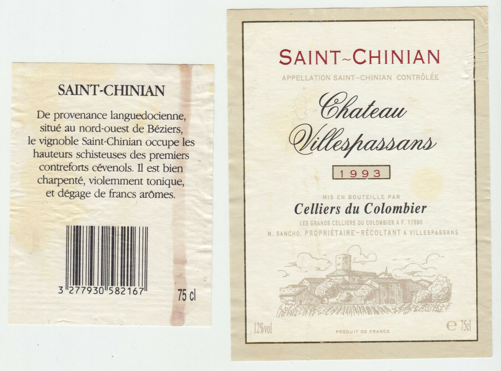 ETIQUETTE DE VIN SAINT CHINIAN CHATEAU VILLESPASSANS 1993 124539262518