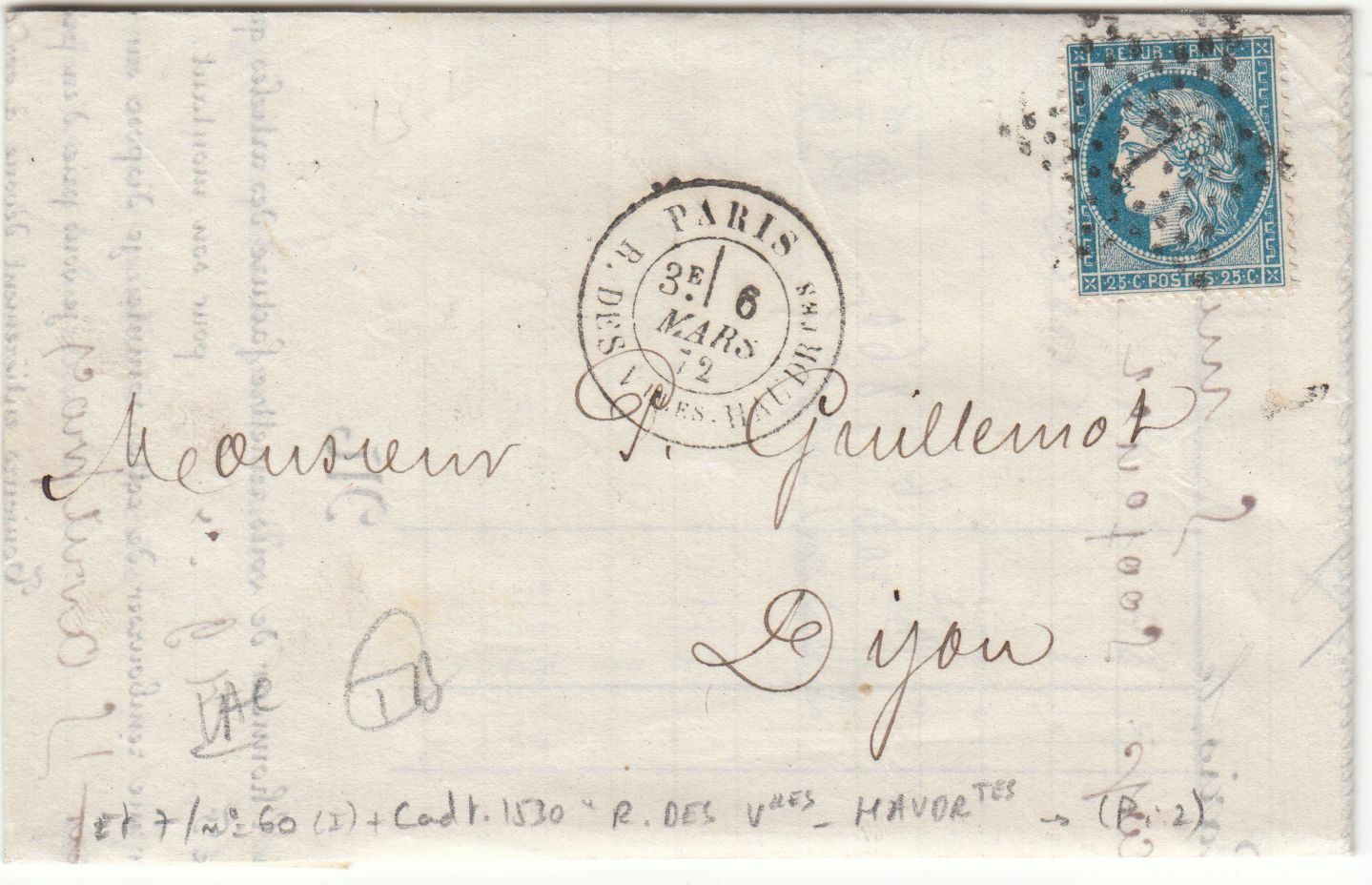 FACTURE TIMBRE N 60 1872 PARIS BUREAU R des Vlles Haudrtes DIJON BESANCON 124032523058