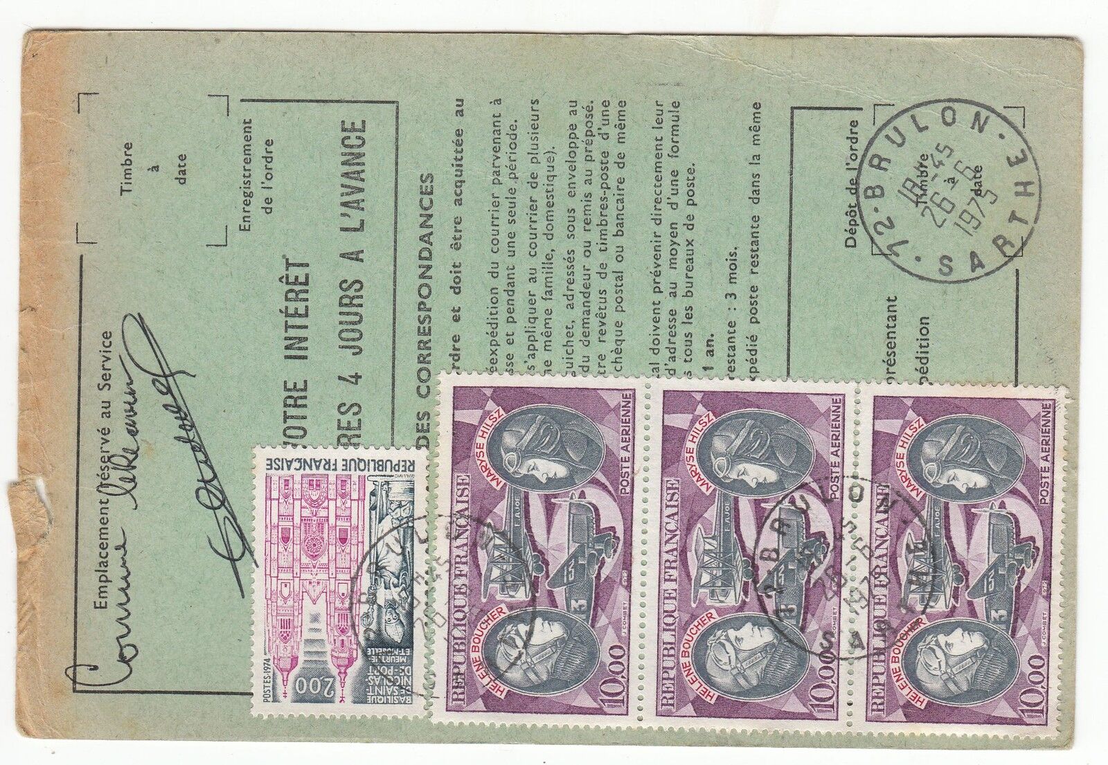 FRANCE TIMBRE ORDRE DE REEXPEDITION AUBERVILLIERS POUR BRULON 1975 401076084008