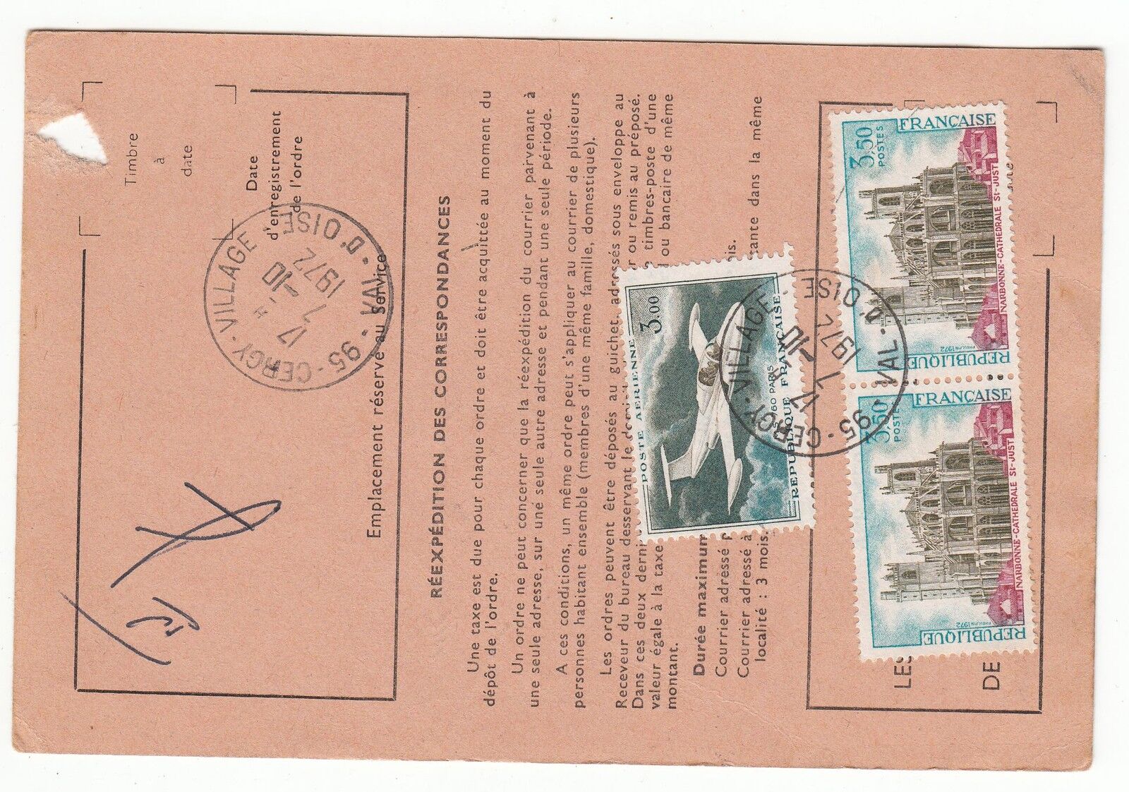 FRANCE TIMBRE ORDRE DE REEXPEDITION CERGY A GARDER AU BUREAU DE POSTE 1972 121901126648