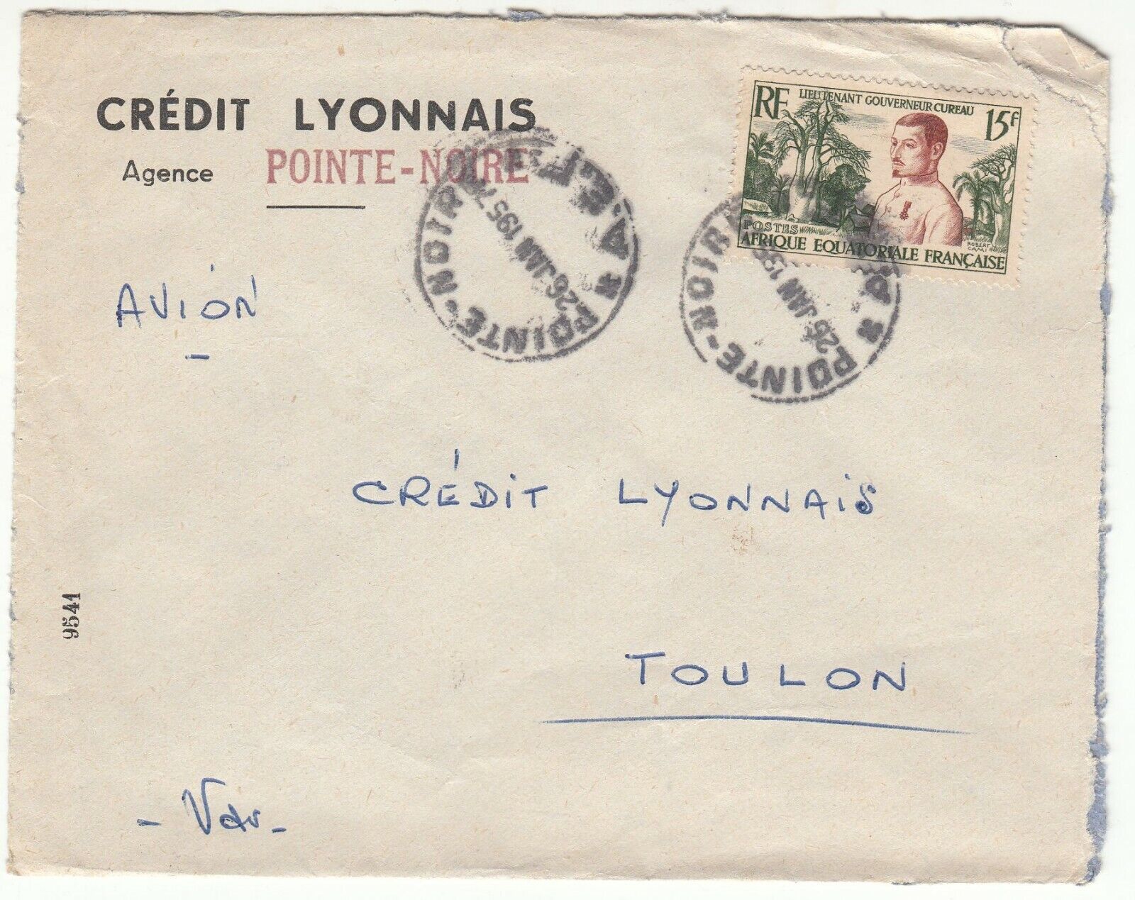 LETTRE AEF AGENCE DE POINTE NOIRE TOULON 1957 CREDIT LYONNAIS PAR AVION 401756776018