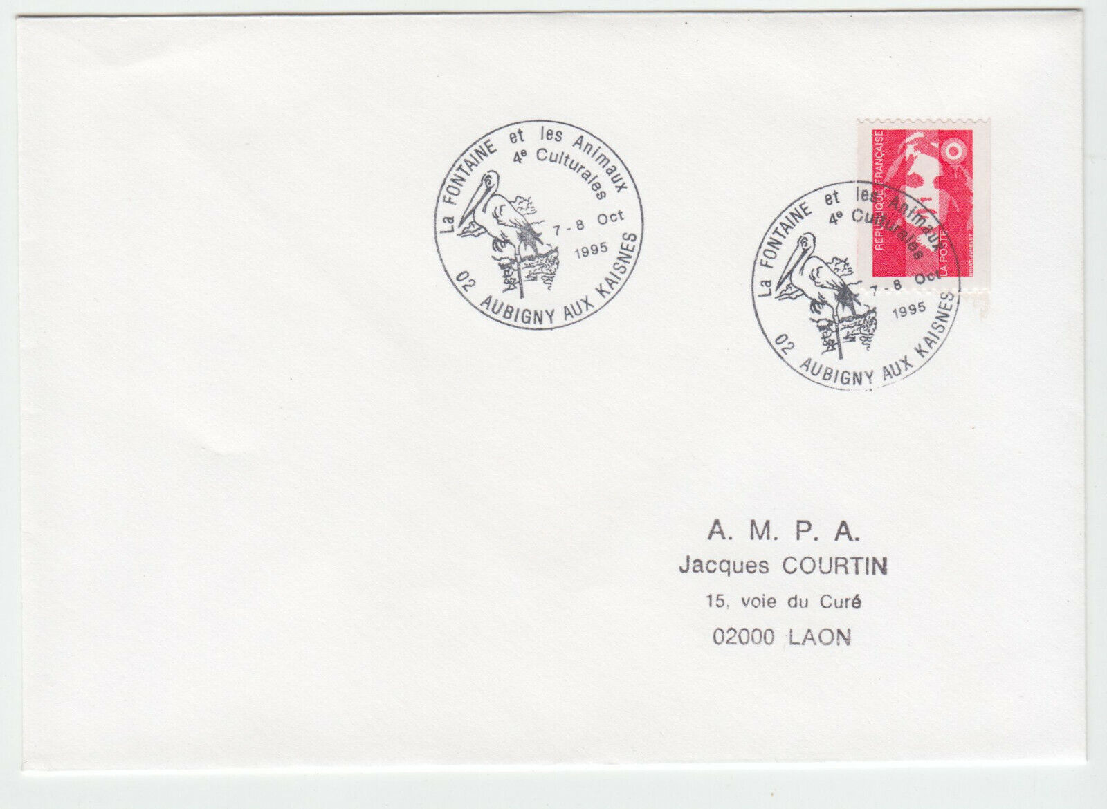 LETTRE AUBIGNY AUX KAISNES POUR LAON 1995 CACHET LA FONTAINE ET LES ANIMAUX 124074123188