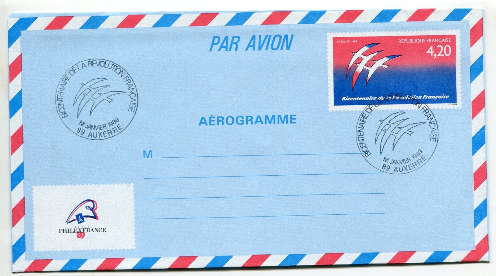 LETTRE AUXERRE AEROGRAMME PREMIER JOUR BICENTENAIRE REVOLUTION 400567043418