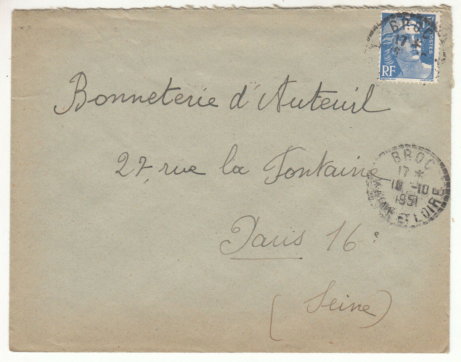 LETTRE BROC POUR PARIS SEUL SUR LETTRE GANDON CACHET PERLE 1951 401826446938