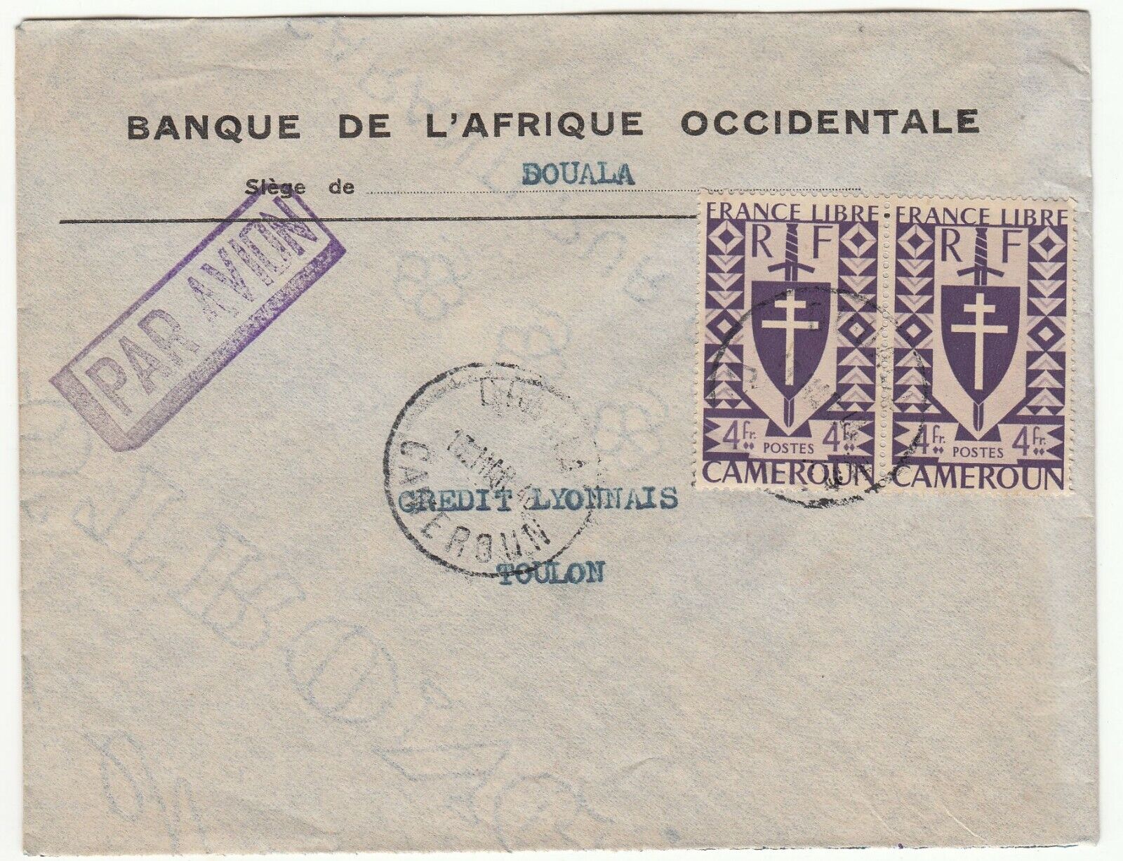 LETTRE CAMEROUN DOUALA TOULON CREDIT LYONNAIS 1948 PAR AVION 123775764178