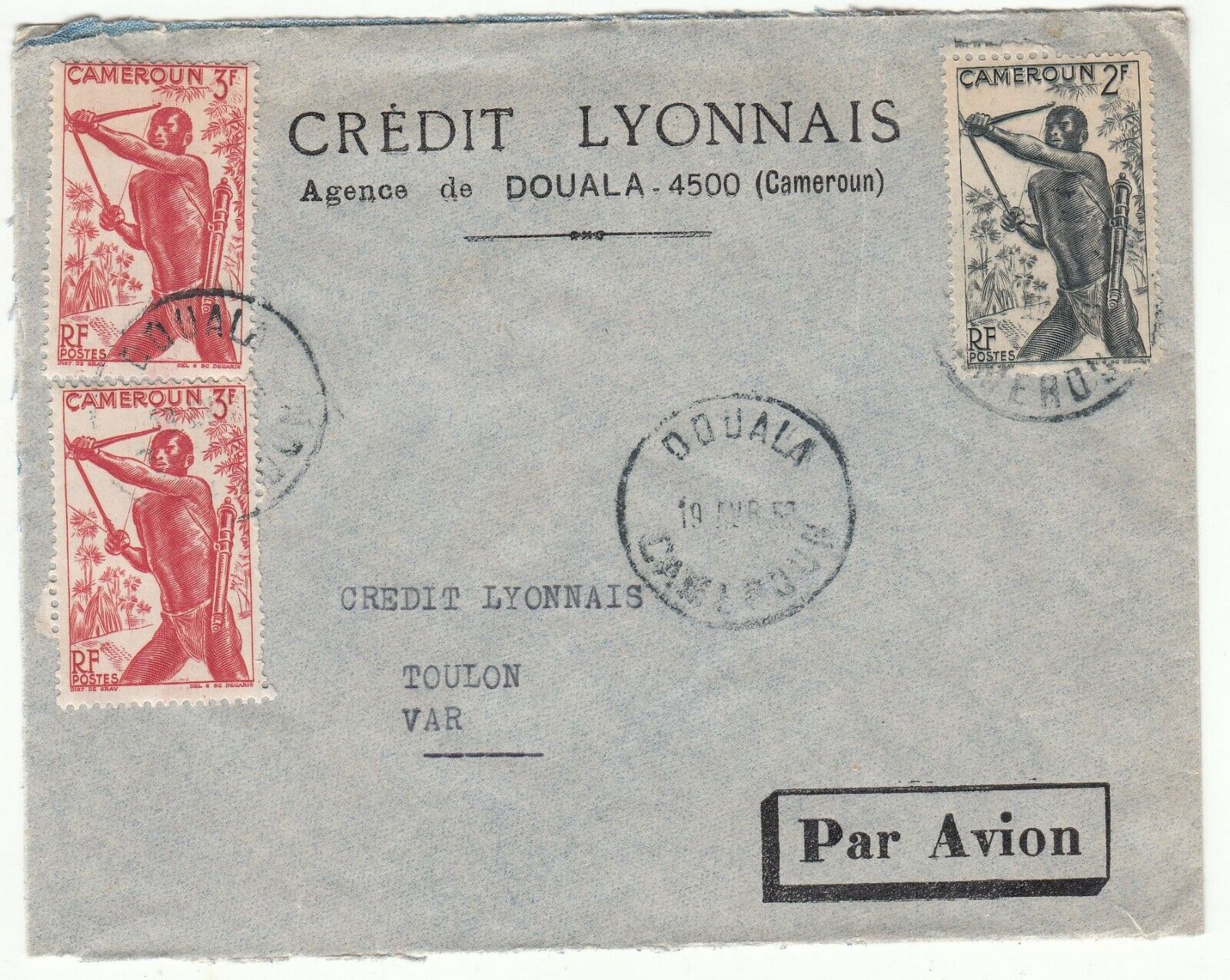 LETTRE CAMEROUN DOUALA TOULON CREDIT LYONNAIS 1950 PAR AVION 401771441058