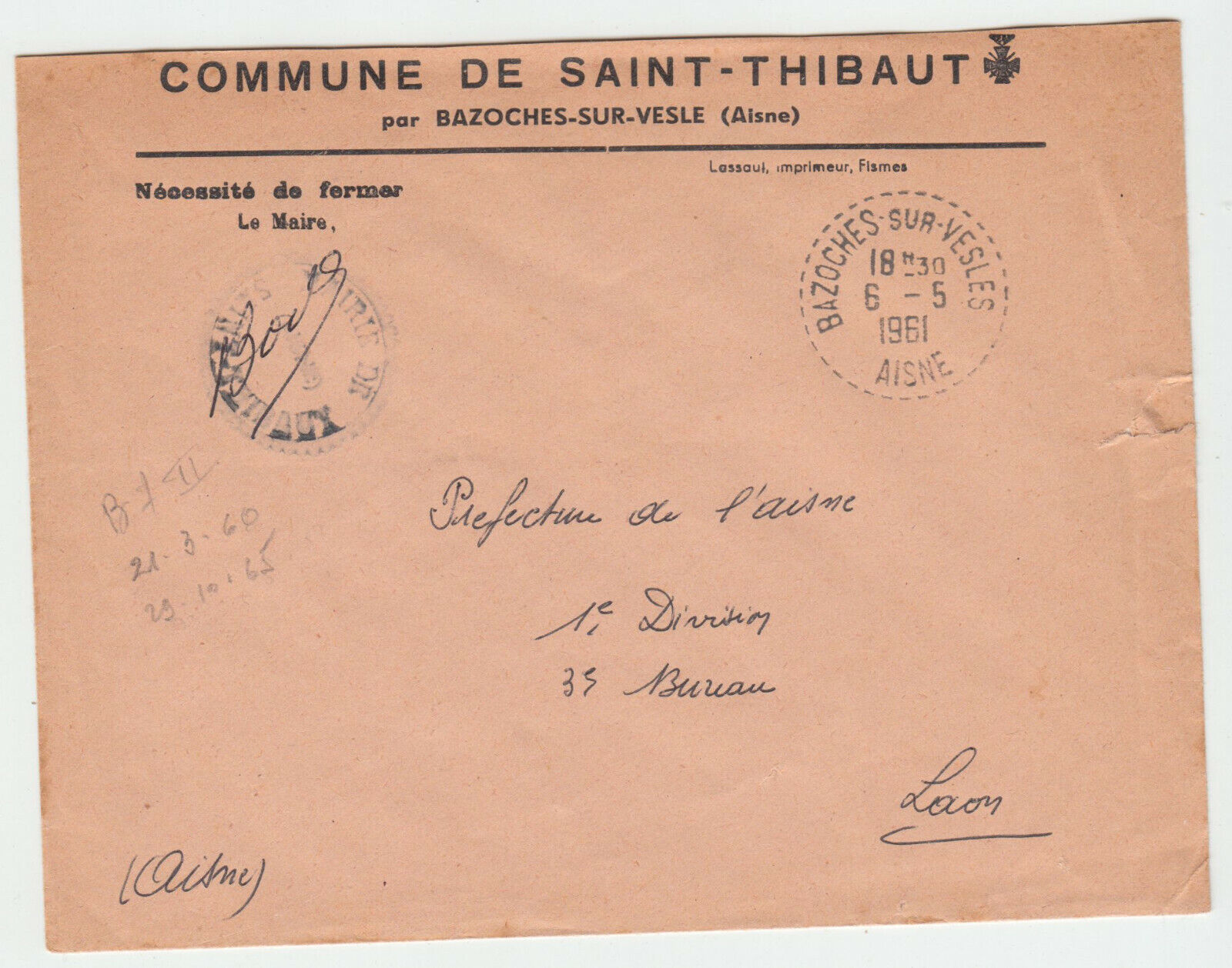 LETTRE COMMUNE DE ST THIBAUT PAR BAZOCHES SUR VESLES POUR LAON 1961 402072946678