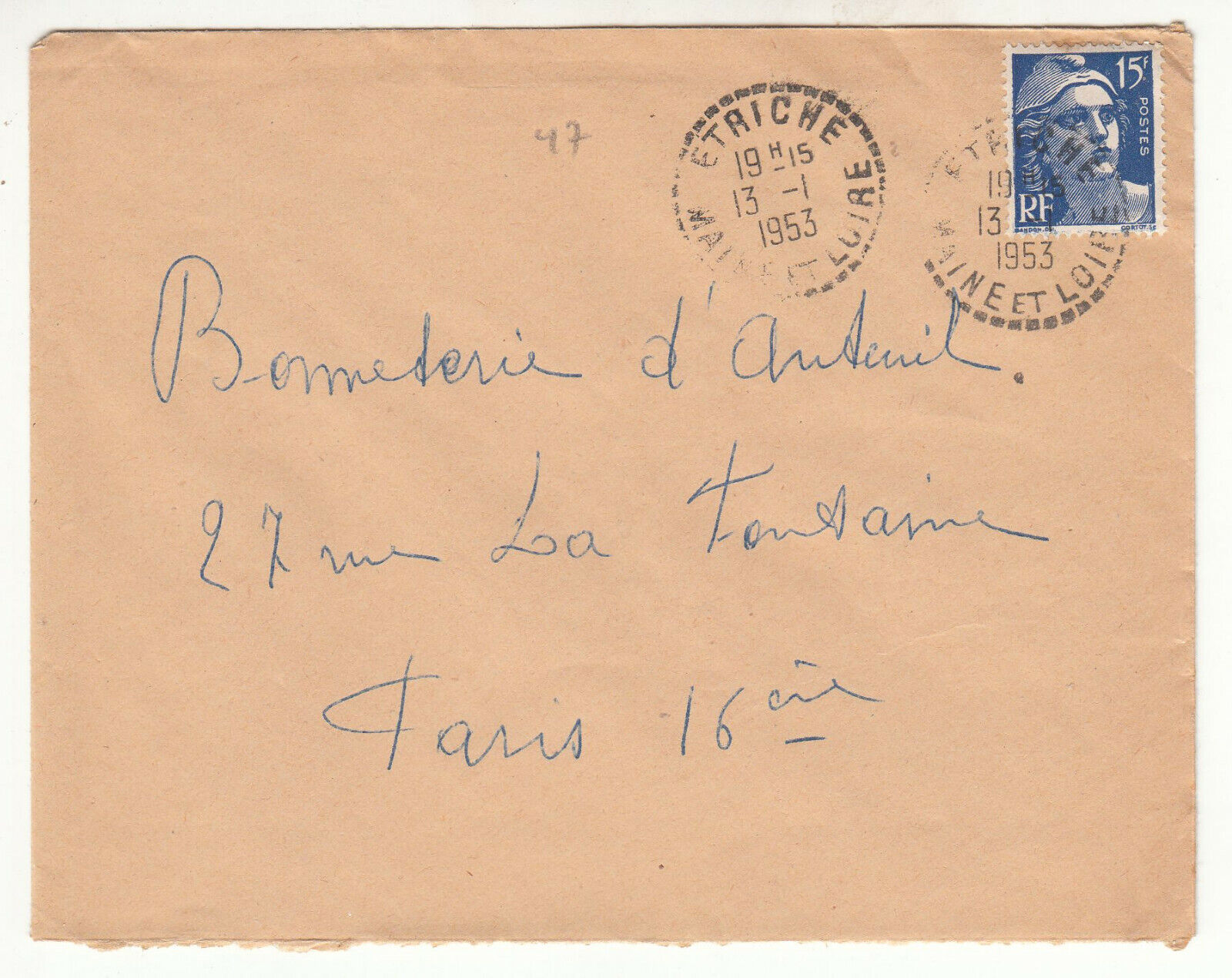 LETTRE ETRICHE POUR PARIS 1953 GANDON CACHET PERLE 401880875018