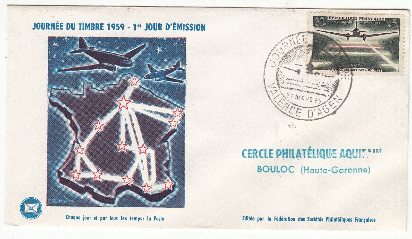 LETTRE FDC FRANCE TIMBRE N 1196 JOURNE DU TIMBRE SERVICE AEROPOSTALE DE NUIT 401119602408