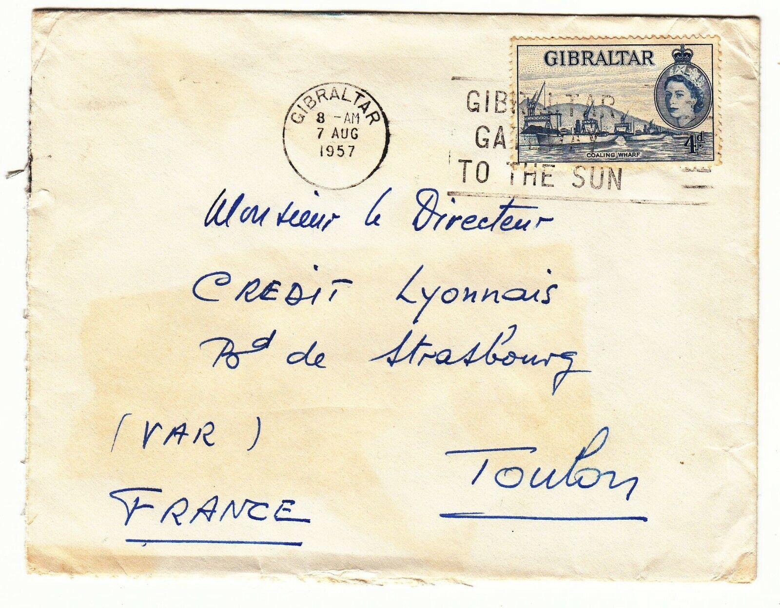 LETTRE GIBRALTAR TOULON 1957 CREDIT LYONNAIS FLAMME 123748773148