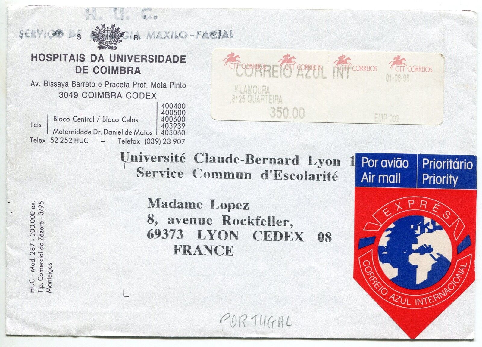 LETTRE HOPITALE DE COIMBRA PORTUGAL UNIVERSITE LYON 1995 PAR AVION 400731684468