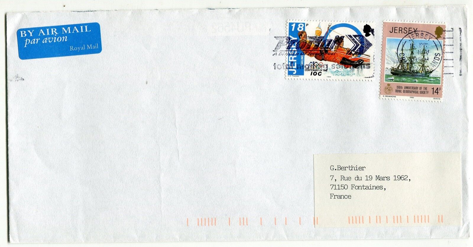 LETTRE JERSEY POUR FONTAINES FRANCE PAR AVION AIR MAIL 1998 400731684478