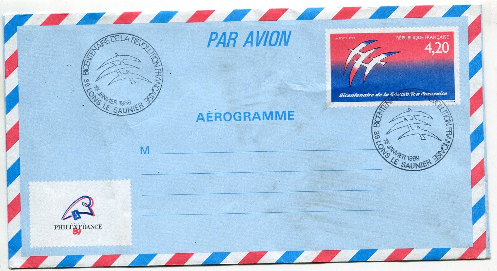 LETTRE LONS LE SAUNIER AEROGRAMME PREMIER JOUR BICENTENAIRE REVOLUTION 400567036498