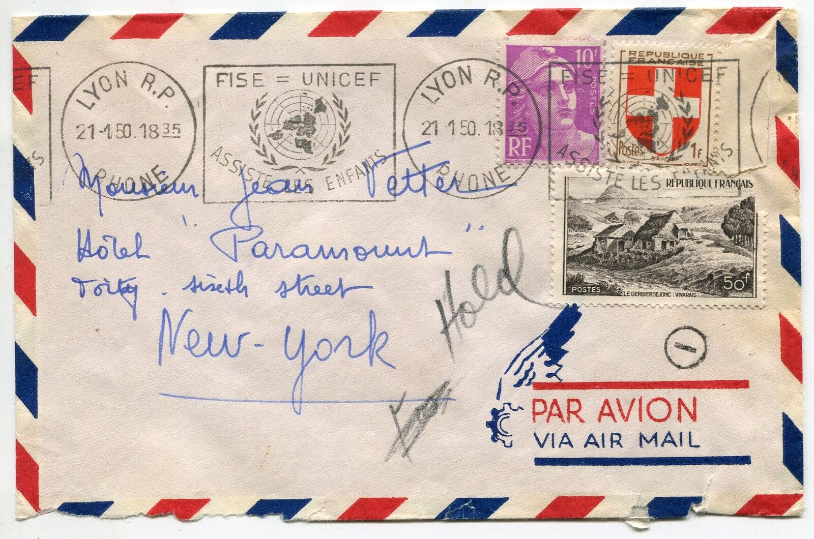 LETTRE LYON POUR NEW YORK PAR AVION FLAMME 121370982648