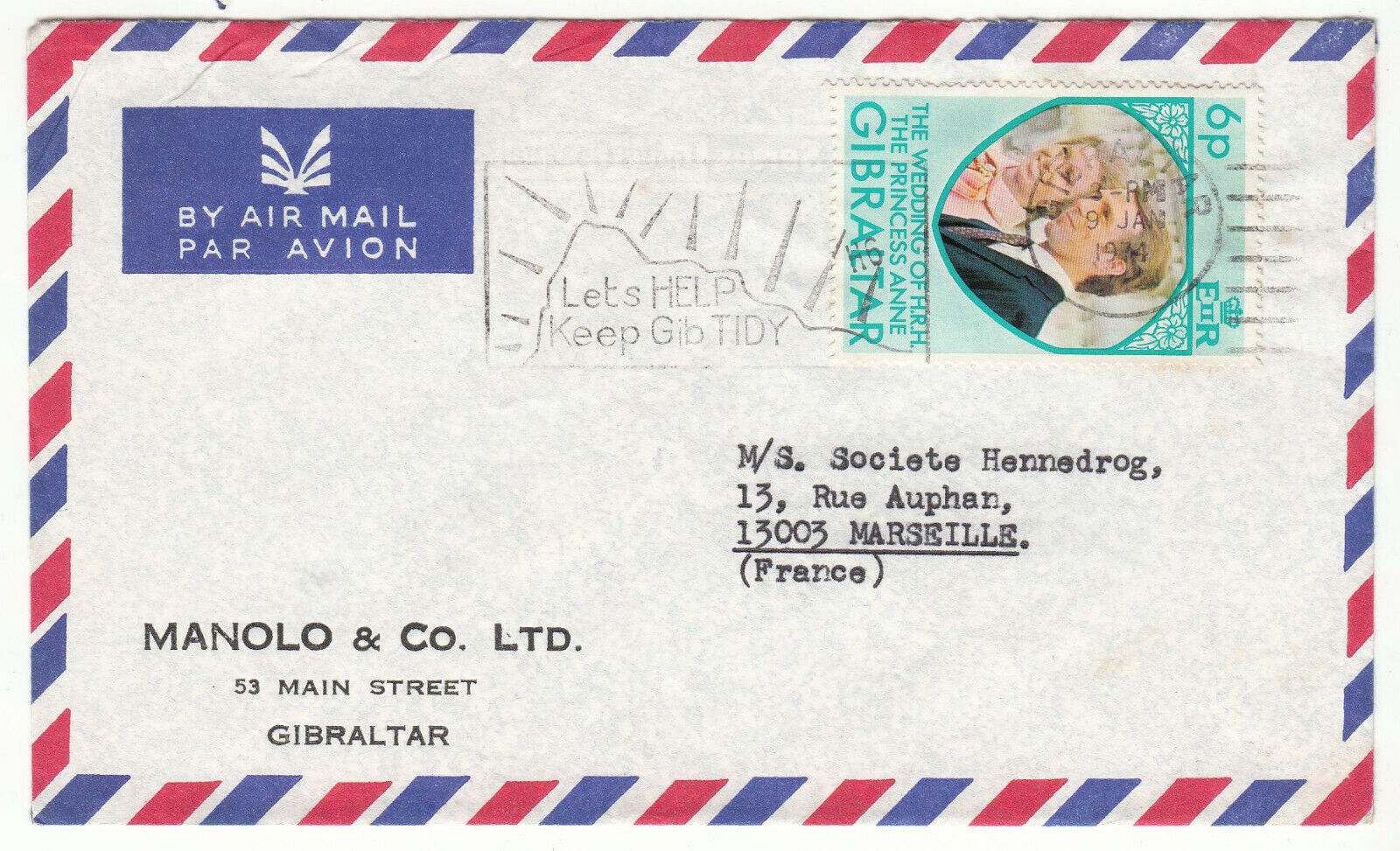 LETTRE MANOLO GIBRALTAR POUR MARSEILLE 1974 FLAMME PAR AVION 124071988008