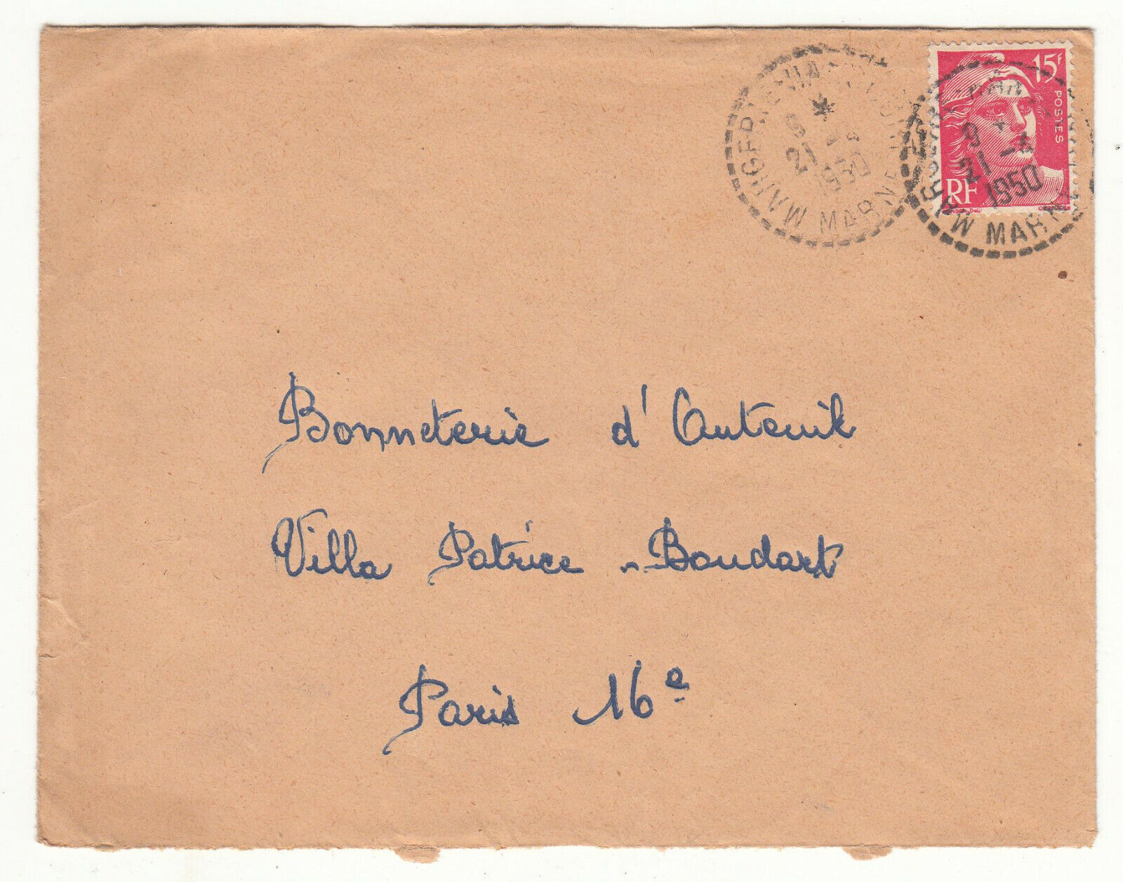 LETTRE MARGERIE HANCOURT POUR PARIS 16 SEUL SUR LETTRE GANDON CACHET PERLE 123849411238