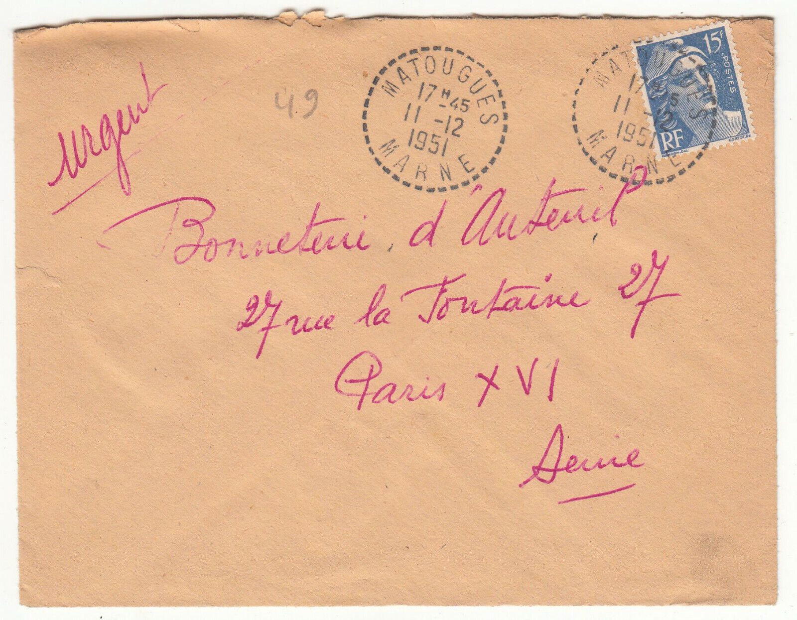 LETTRE MATOUGUES POUR PARIS 1951 GANDON CACHET PERLE 123904008568