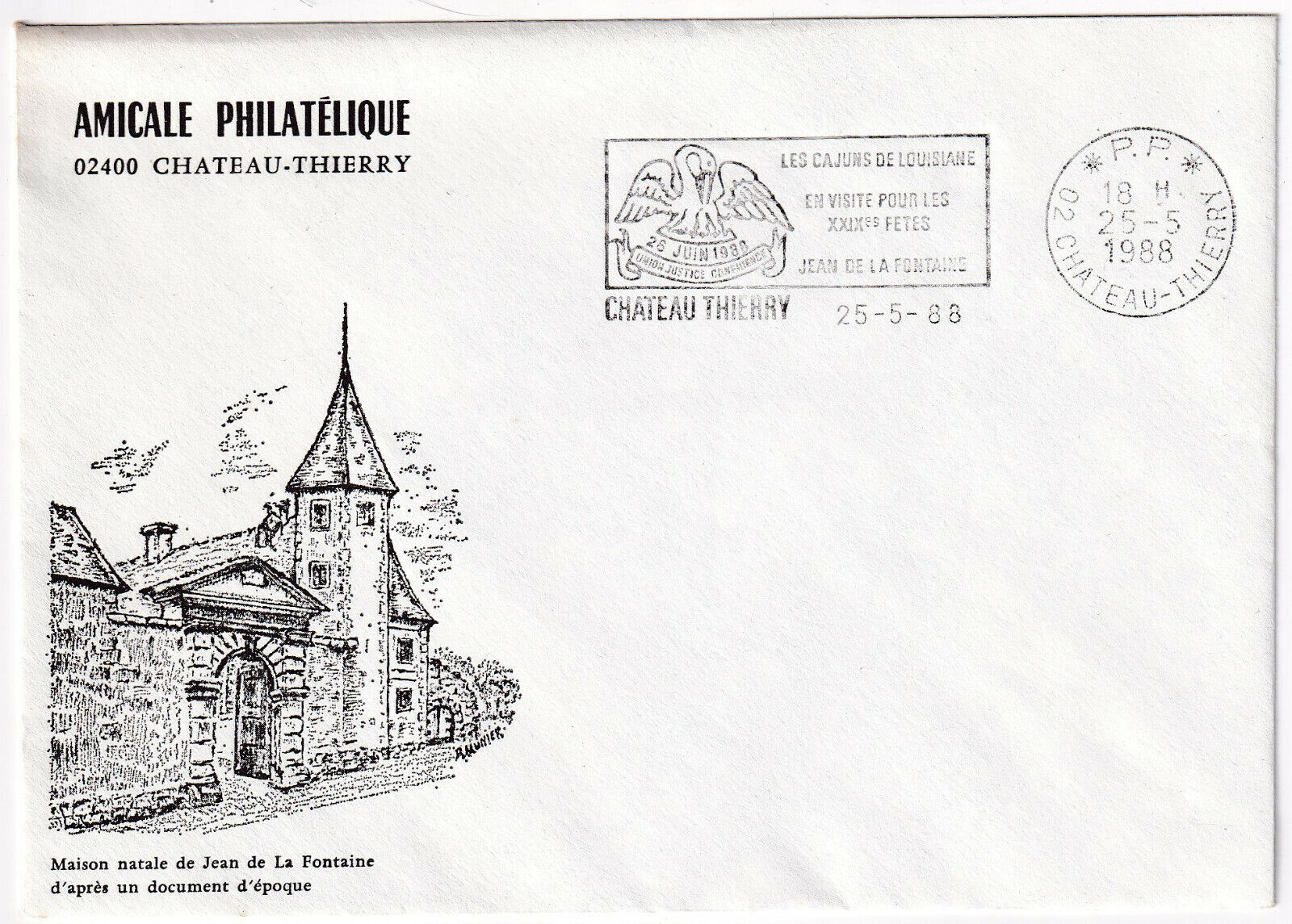 LETTRE PHILATELIQUE CHATEAU THIERRY FLAMME 29 FETES DE JEAN DE LA FONTAINE 1988 124959850668