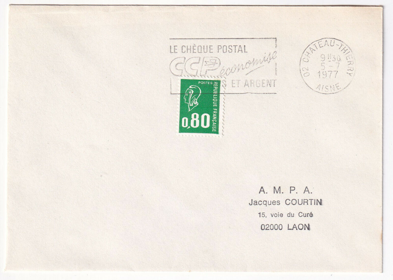 LETTRE PHILATELIQUE CHATEAU THIERRY FLAMME LE CHEQUE POSTAL CCP 1977 403243207388