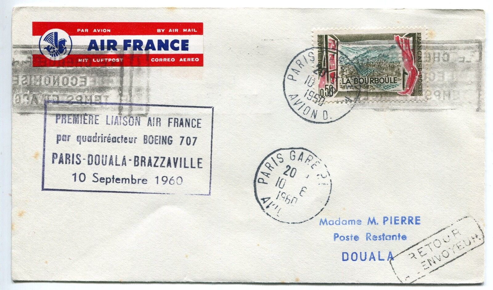 LETTRE PREMIER VOL PARIS DOUALA CAMEROUN 1960 AIR FRANCE RETOUR A L ENVOYEUR 400787479918
