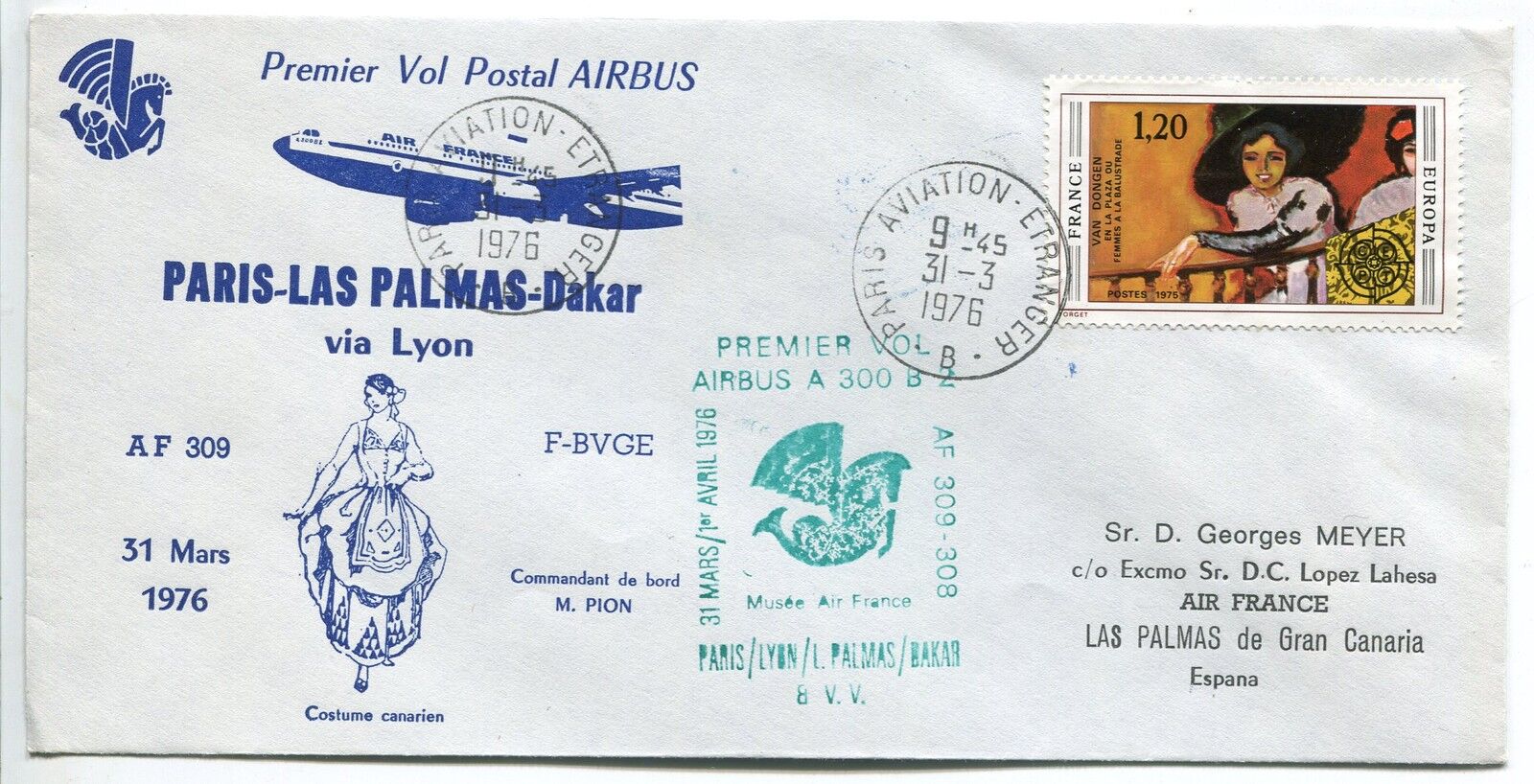 LETTRE PREMIER VOL PARIS LYON LAS PALMAS DAKAR 1976 AIR FRANCE 400787479938