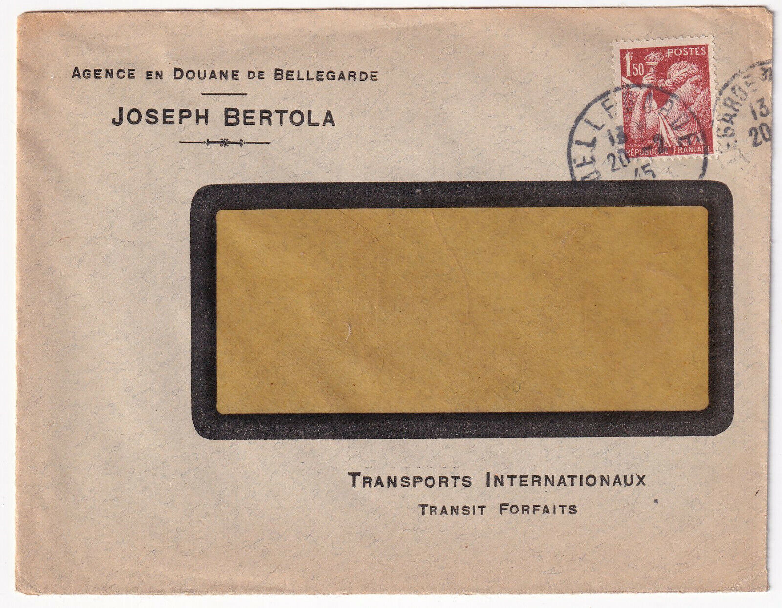 LETTRE PUBLICITAIRE 1945 AGENCE EN DOUANE DE BELLEGARDE JOSEPH BERTOLA TRANSPORT 124959846728