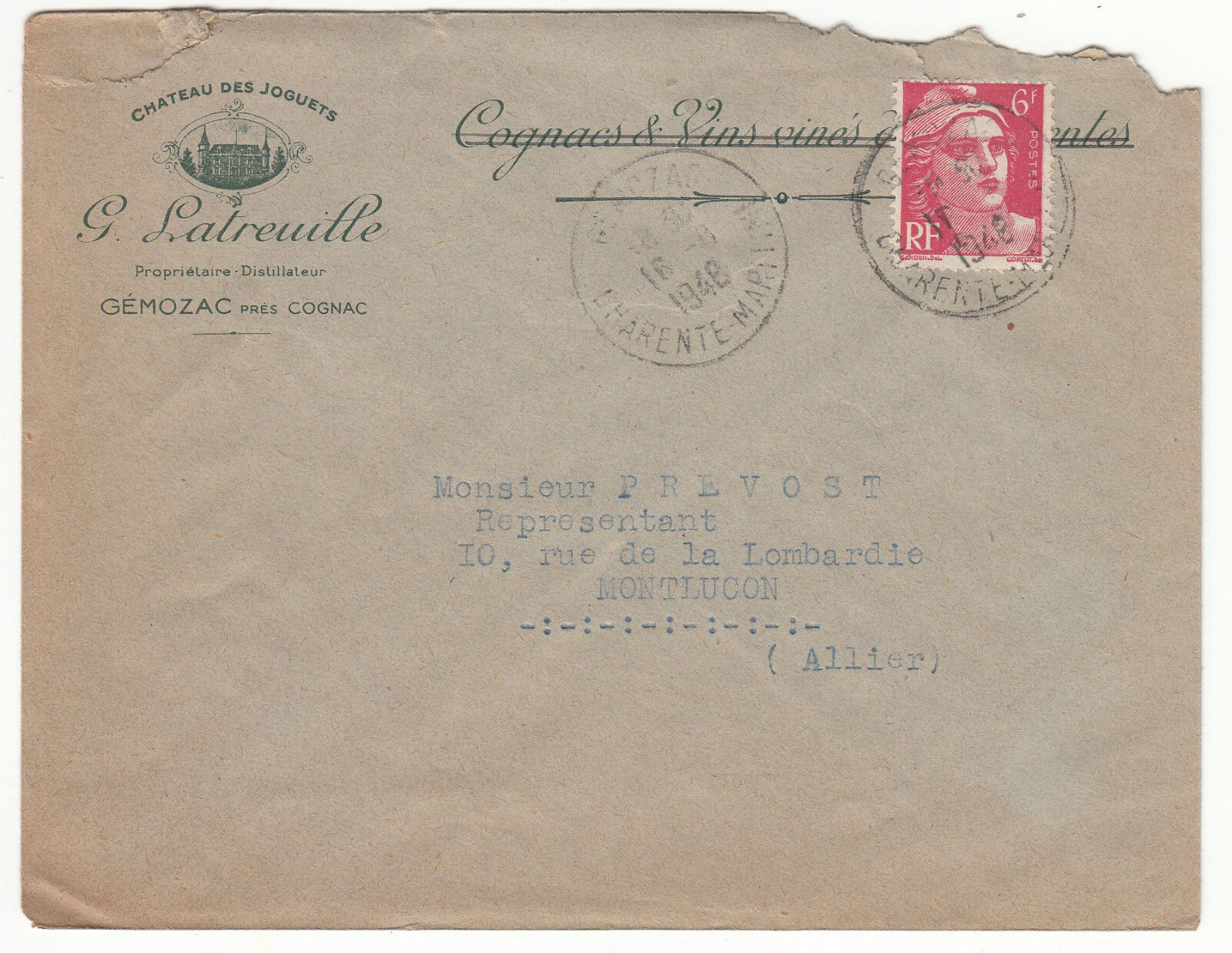 LETTRE PUBLICITAIRE CHATEAU DE JOGUETS GEMOZAC COGNAC VINS MONTLUCON 1948 401462370598