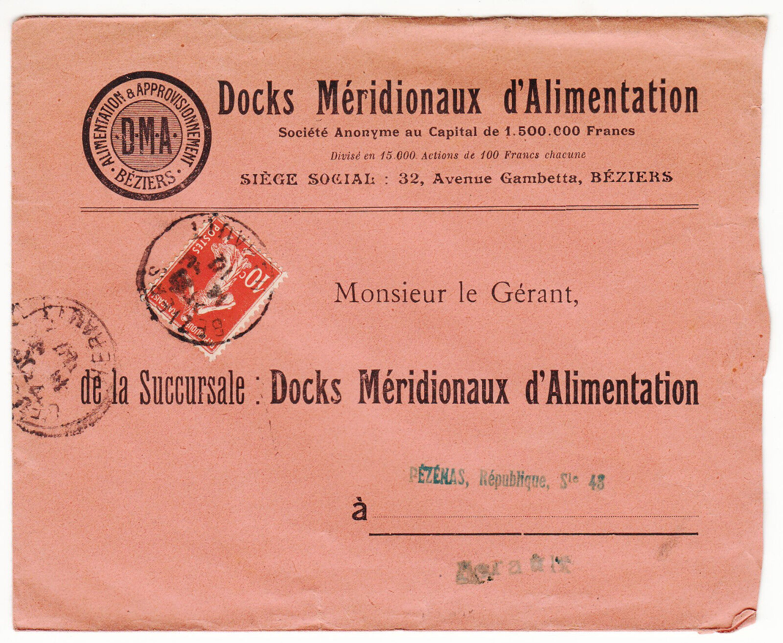 LETTRE PUBLICITAIRE DOCKS D ALIMENTATION BEZIERS PEZENAS 1914 CORRESPONDANCE 401462842458