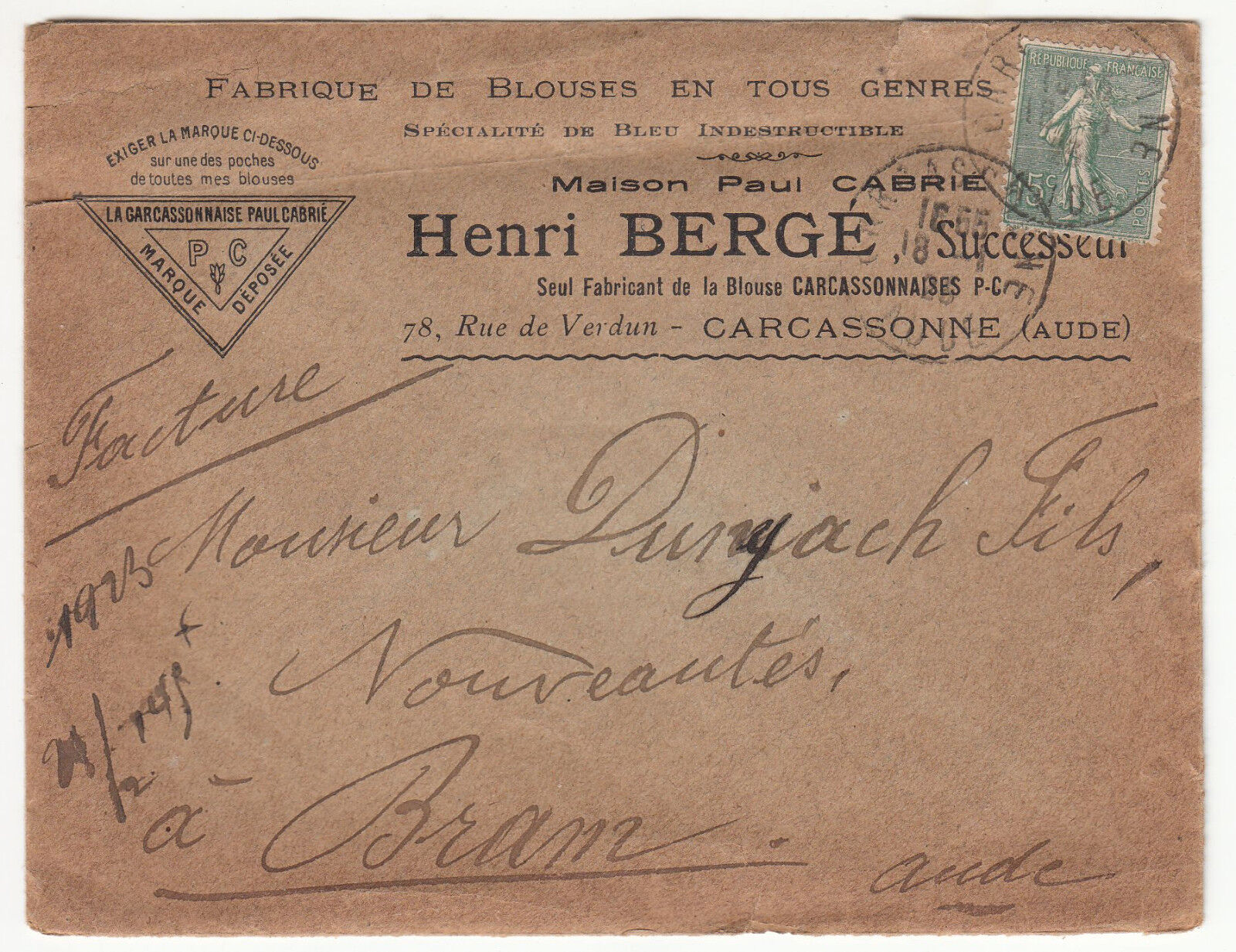 LETTRE PUBLICITAIRE HENRI BERGE CARCASSONNE BRAM 1923 FABRIQUE DE BLOUSE 401462842468