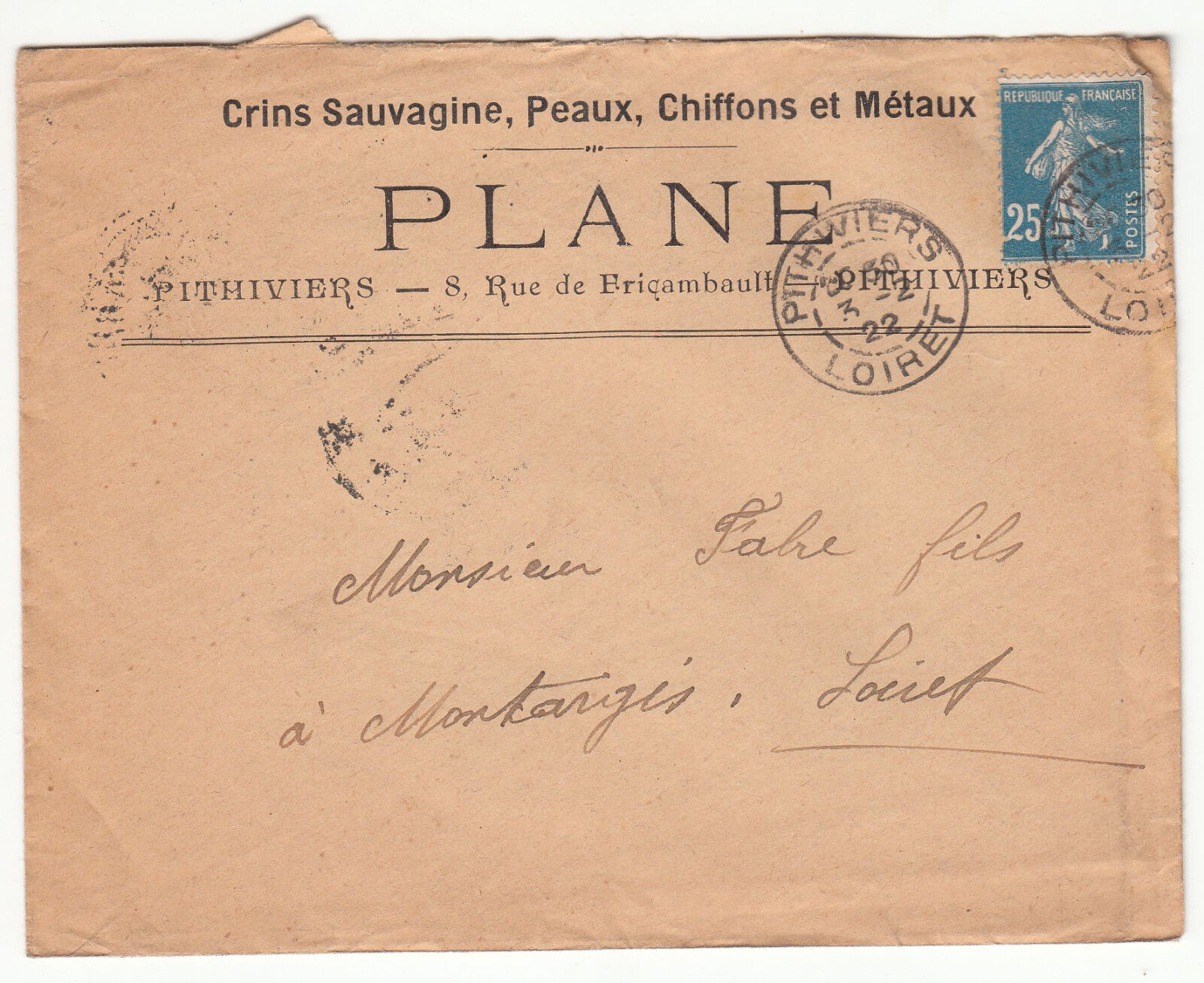 LETTRE PUBLICITAIRE PLANE PEAUX CHIFFONS PITHIVIERS MONTARGIS CORRESPONDANCE 401462842448